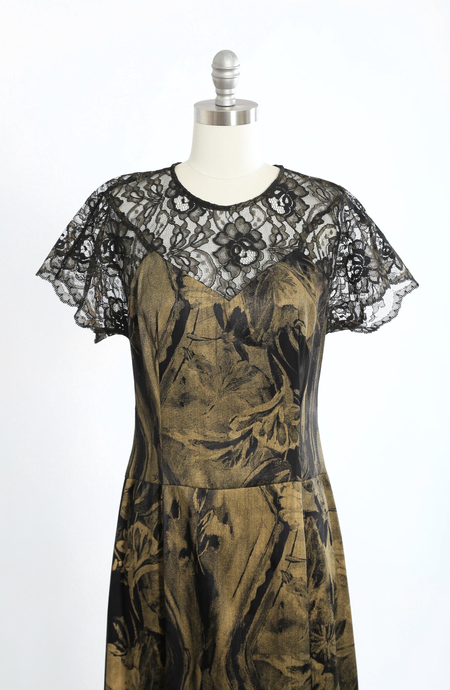 90s Carole Little black gold floral lace maxi dress