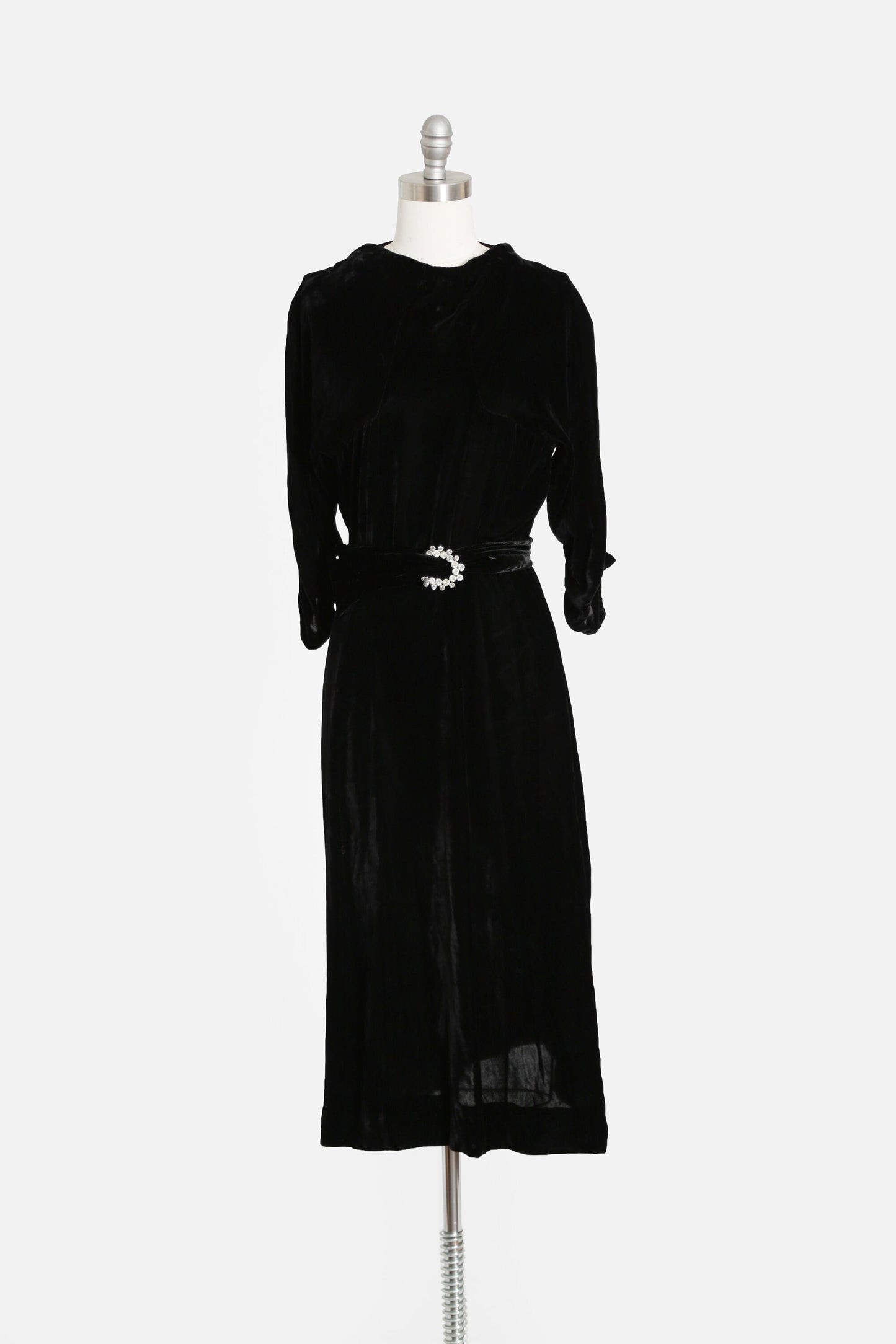 40s black silk velvet dress | Antique Vintage 1940s velvet dress + paste glass belt