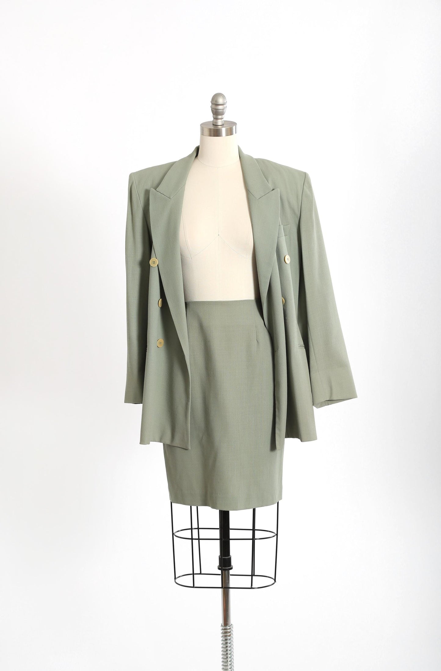 90s Sage Green oversized wool blazer skirt suit