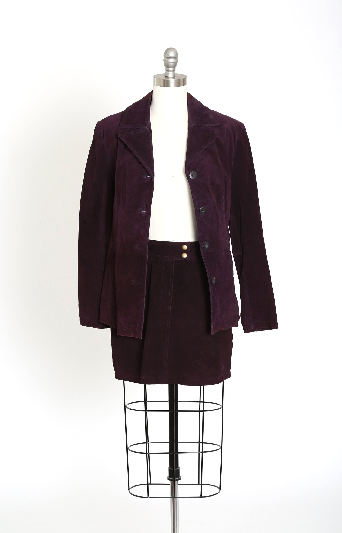 90s Wilsons purple leather suit | Vintage 1990s Wilsons deadstock suede leather jacket mini skirt