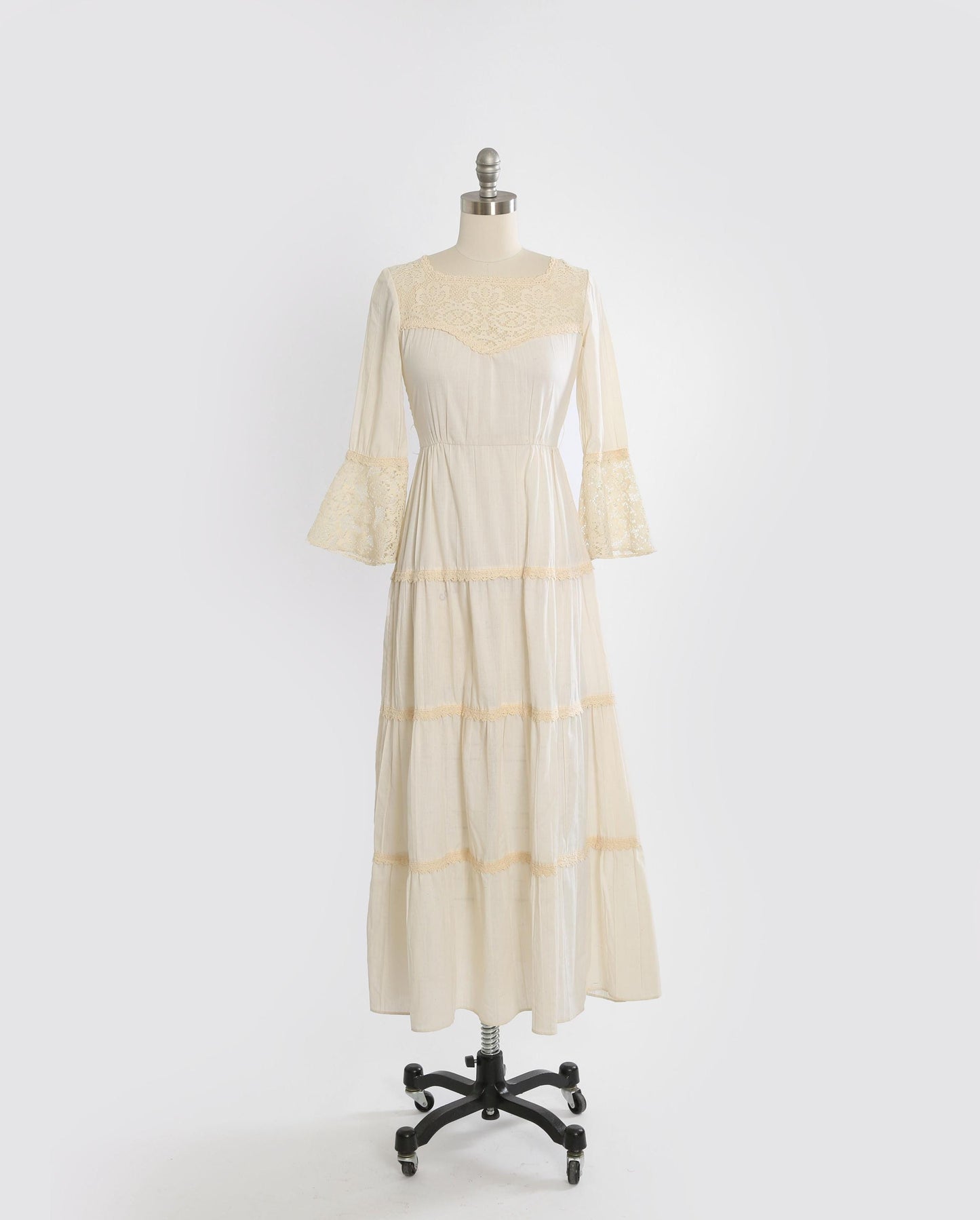 Peasant cotton gauze dress | Vintage 70s bell sleeve cotton gauze maxi dress | 1970s boho crochet cotton gauze dress
