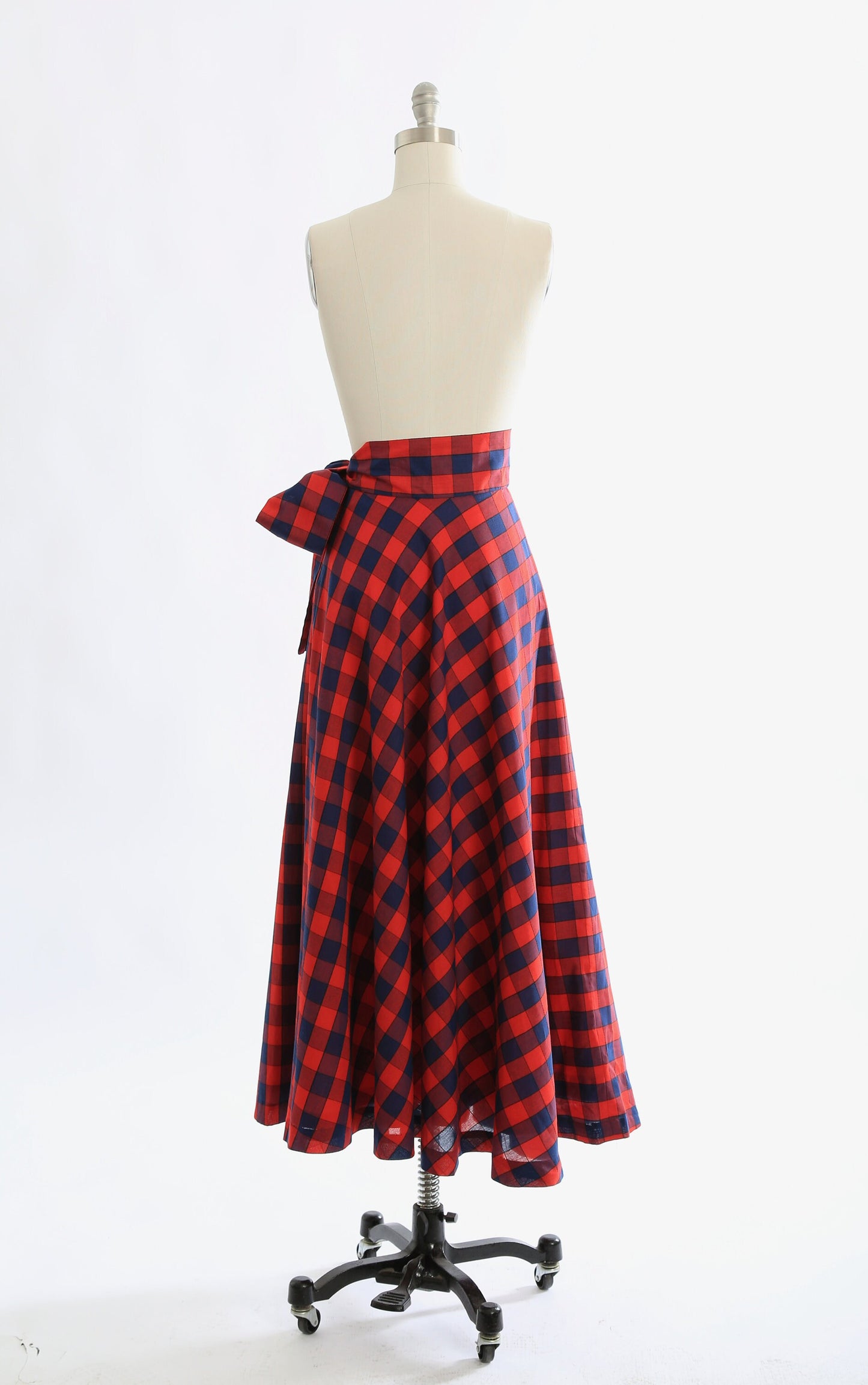 60s Anne Klein maxi skirt | Vintage 1960s red + blue plaid bow skirt