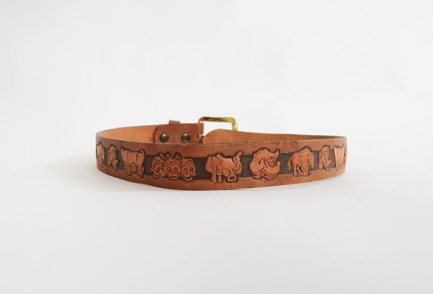 Vintage Chambers Disney western tooled brown leather kids belt