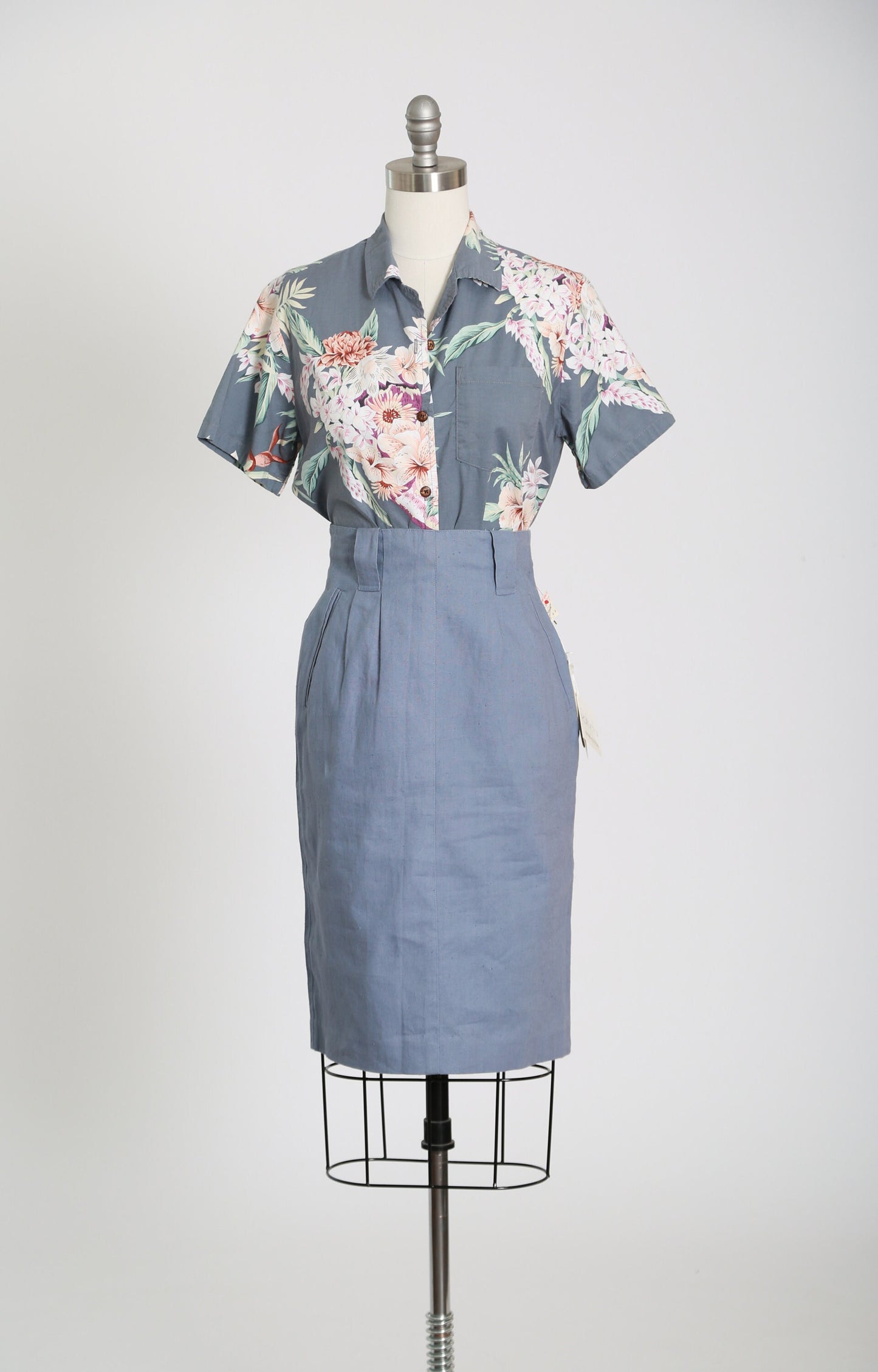 90s ramie cotton steel blue pencil skirt