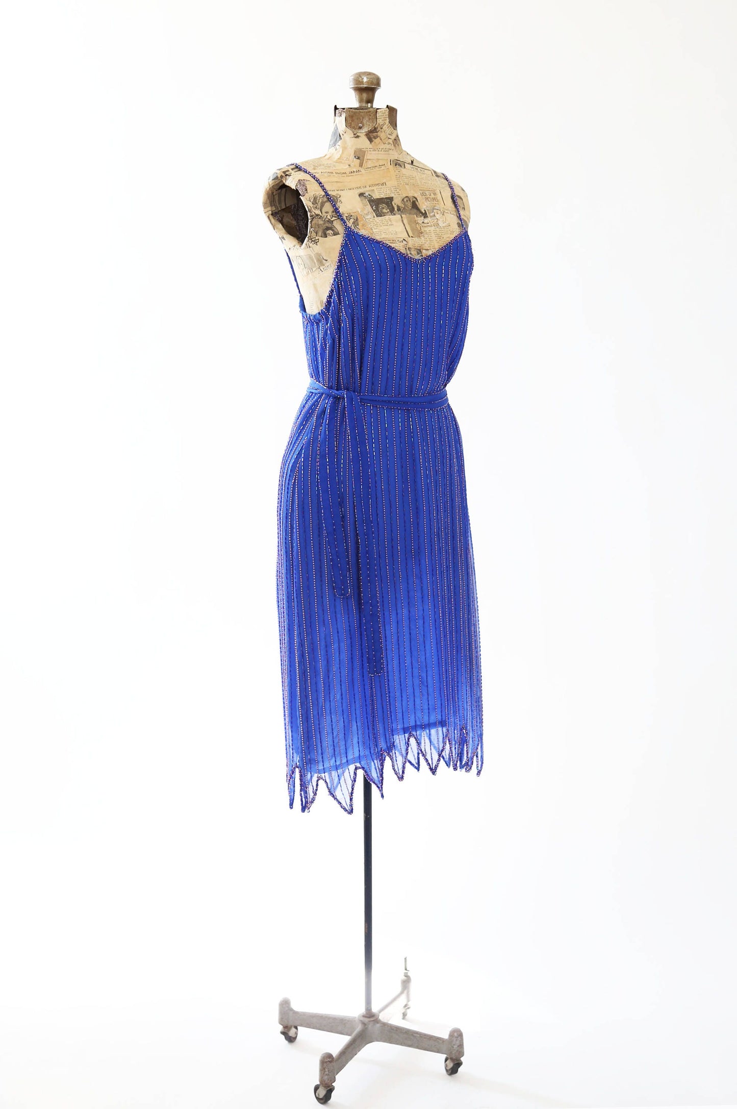 Vintage 70s blue beaded silk dress | 1970s 3pc beaded cocktail dress