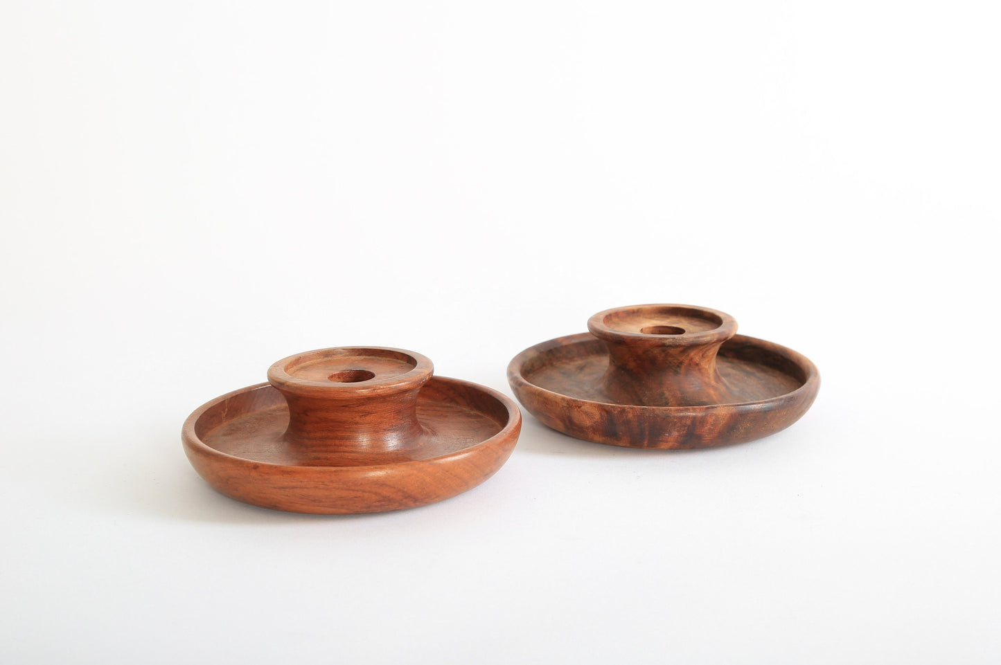Vintage walnut turned wood candle stick holders pair