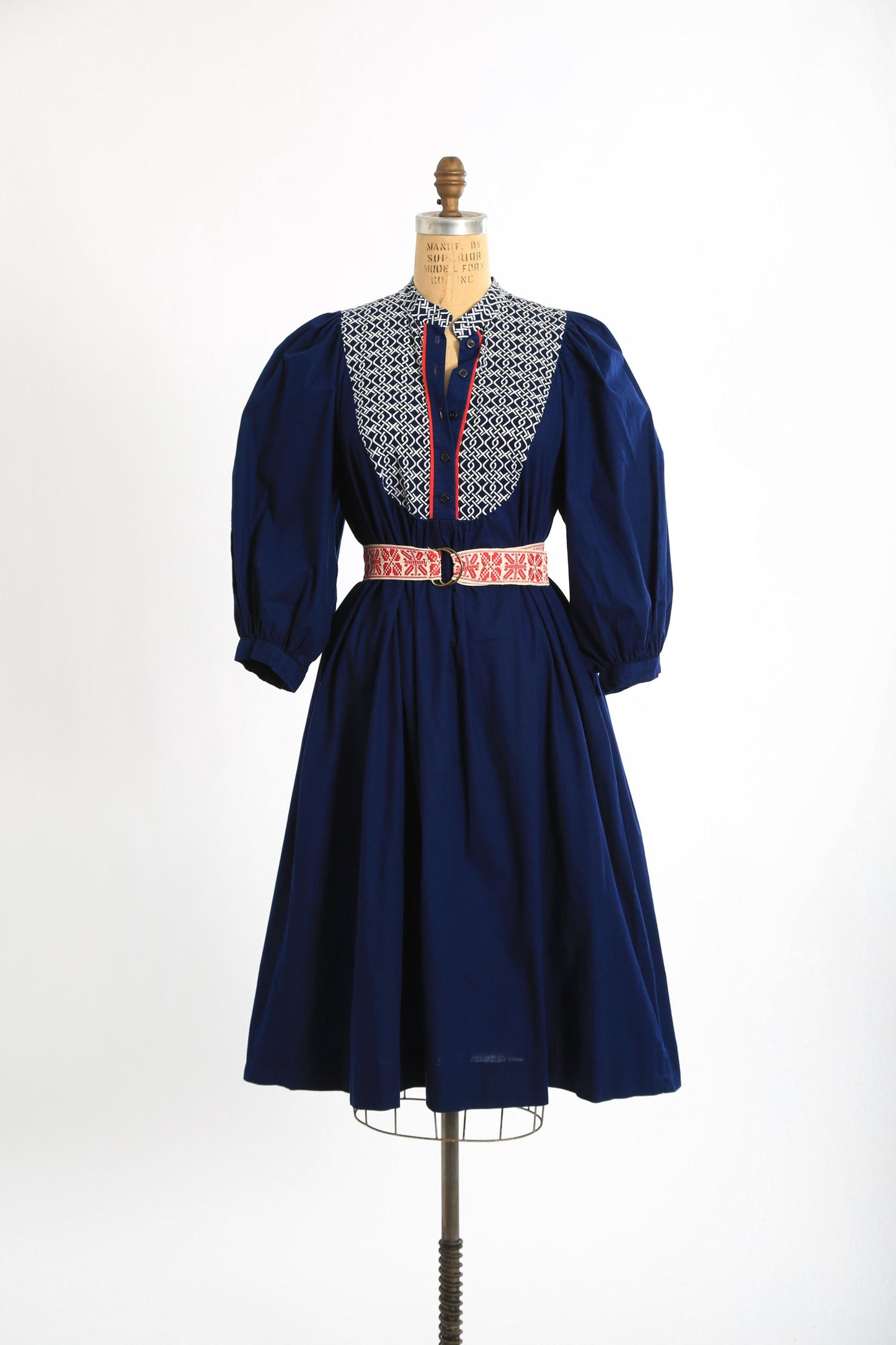 Vintage 70s Navy blue puff sleeve cotton dress