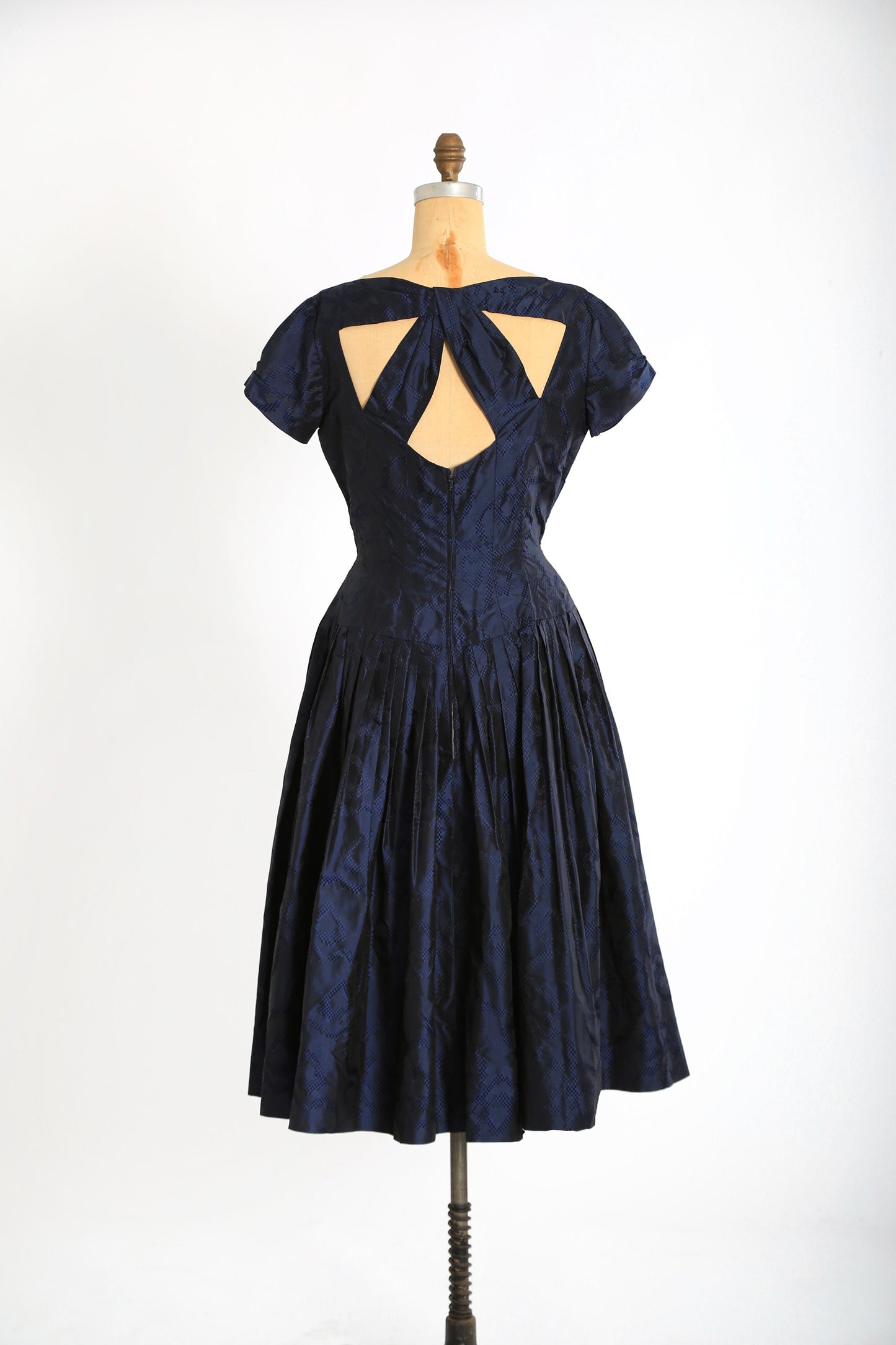 Vintage 50s Neiman Marcus blue silk taffeta bow open back cocktail dress