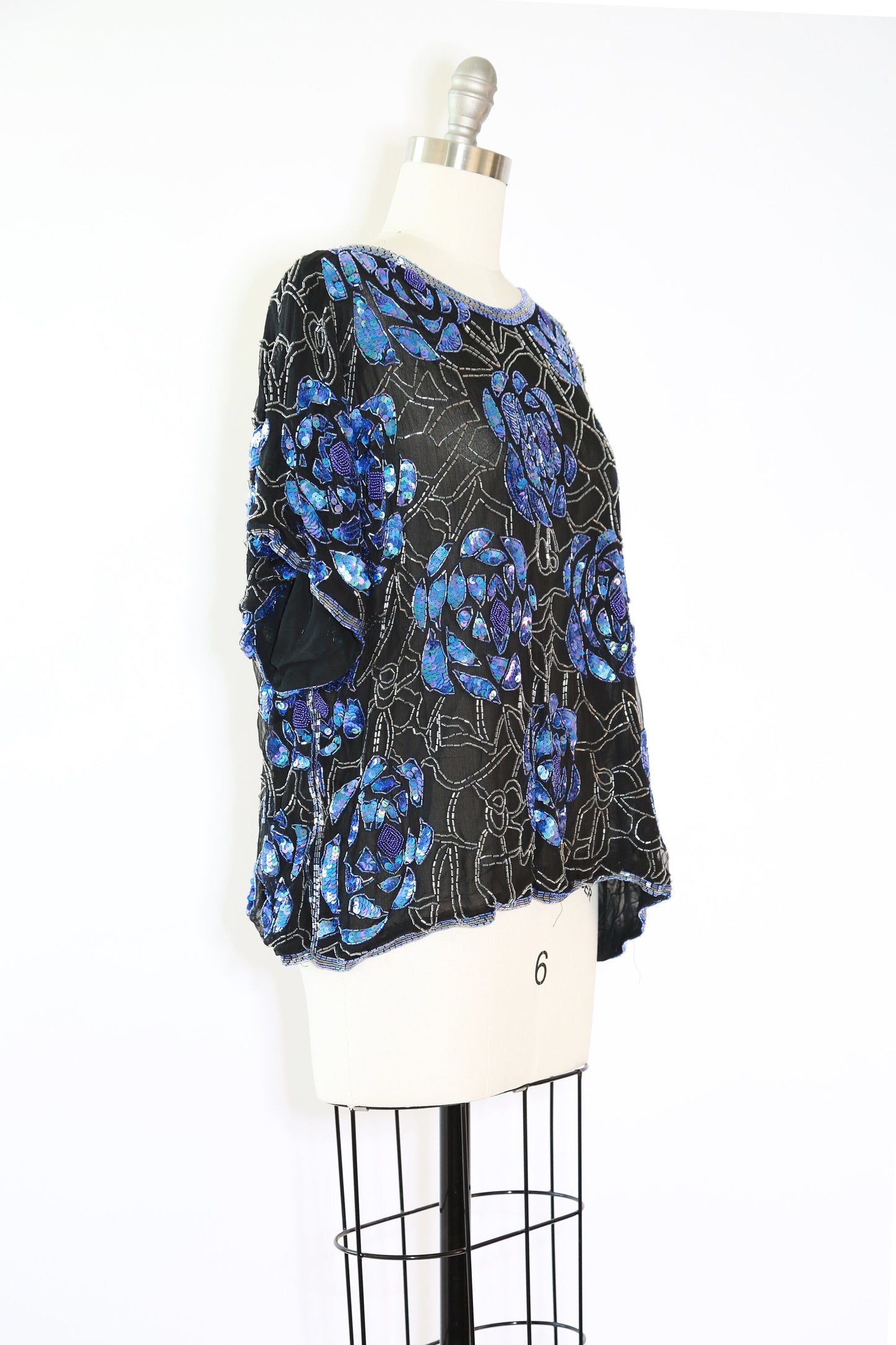 Vintage 80s beaded sequin silk rose blouse M