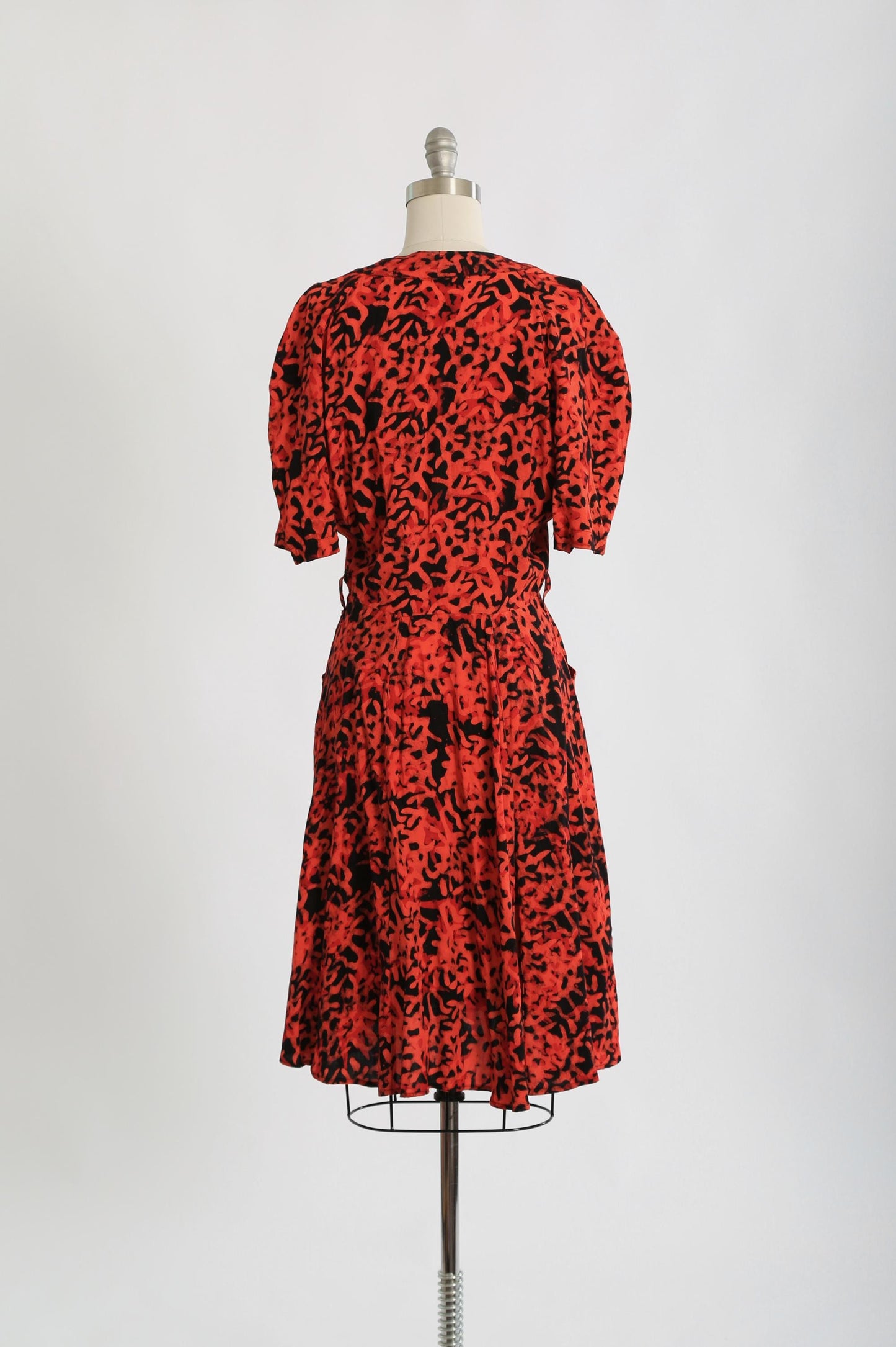 80s Coral hand stamped batik tropical wrap dress