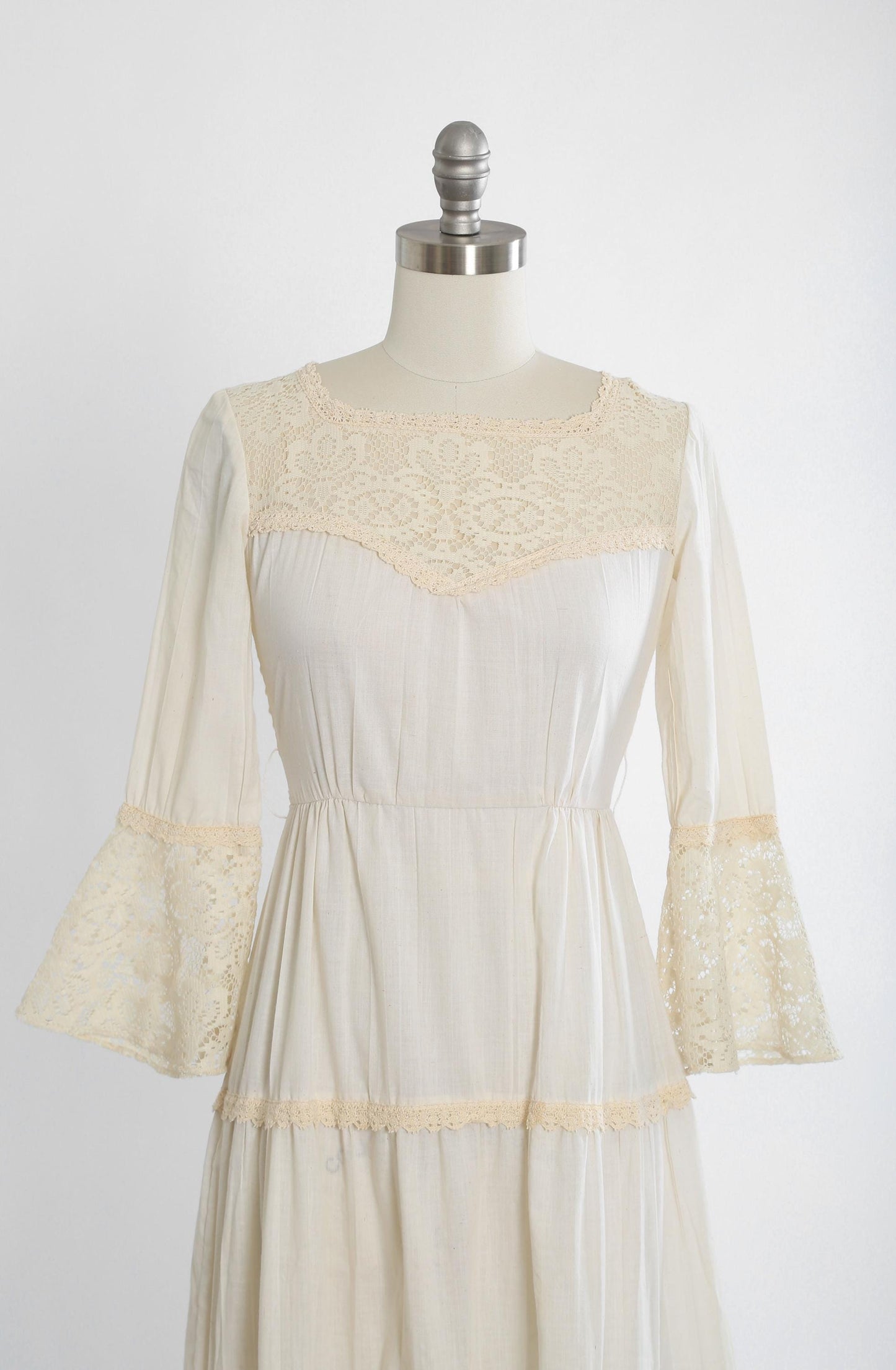 Peasant cotton gauze dress | Vintage 70s bell sleeve cotton gauze maxi dress | 1970s boho crochet cotton gauze dress