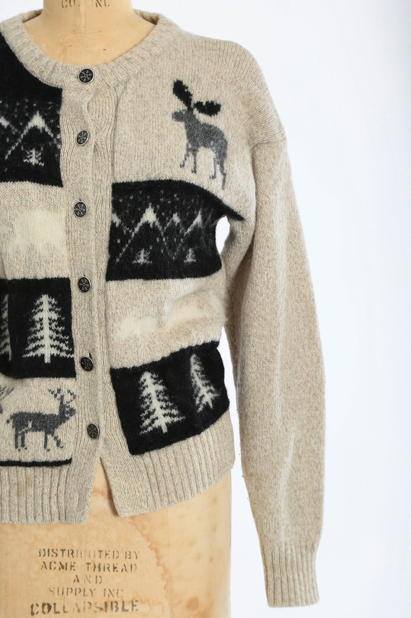 Woodland knit sweater | Vintage 80s Eddie Bauer Snowflake moose red wool blend Christmas cardigan sweater