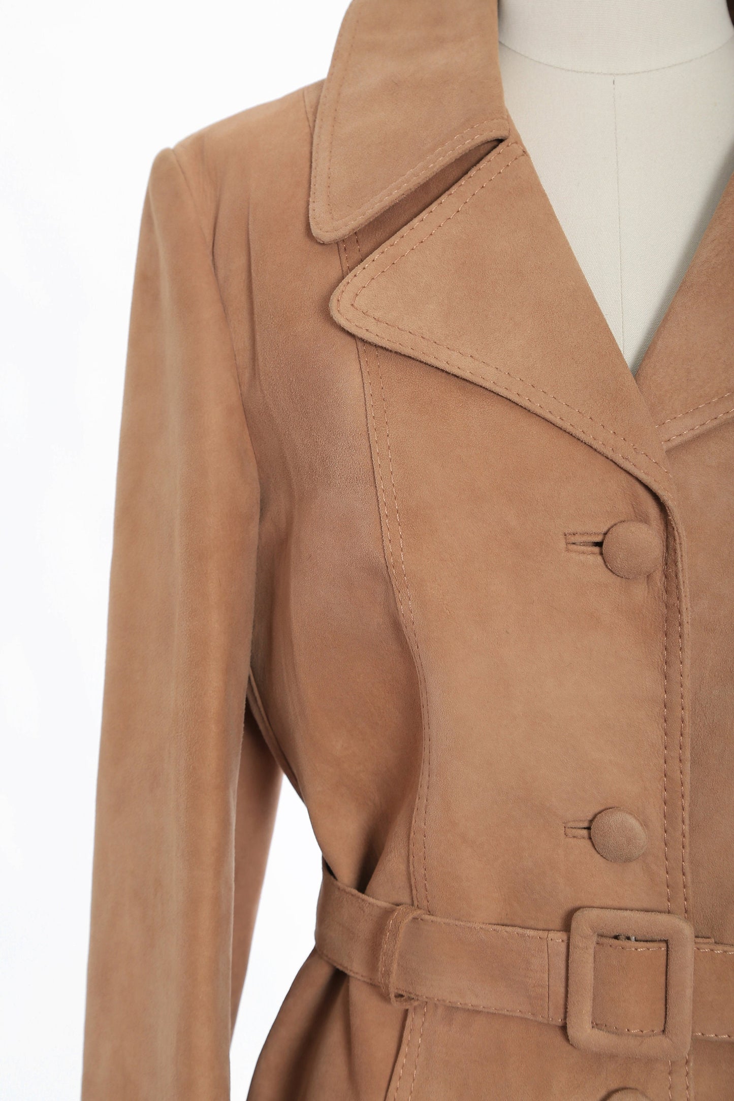 Vintage 70s suede leather trench coat | 1970s deadstock Golden State camel coat