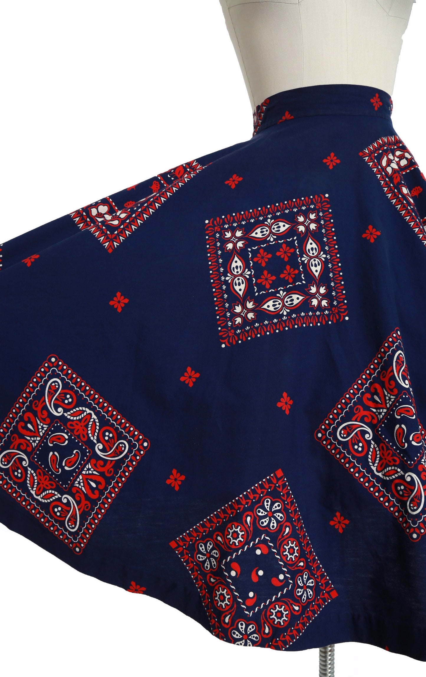Vintage 1950s I. Magnin red, white & blue bandana print cotton circle skirt