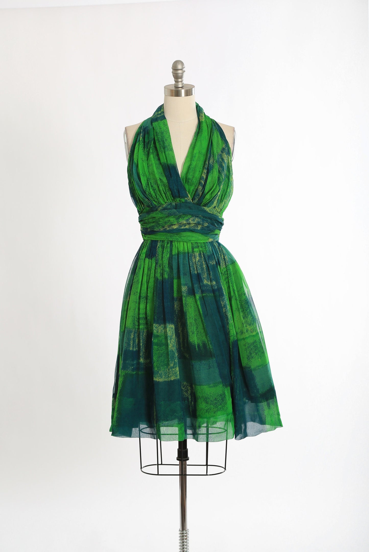 Vintage 50s green silk halter dress | 1950s Jon McCauley abstract silk dress