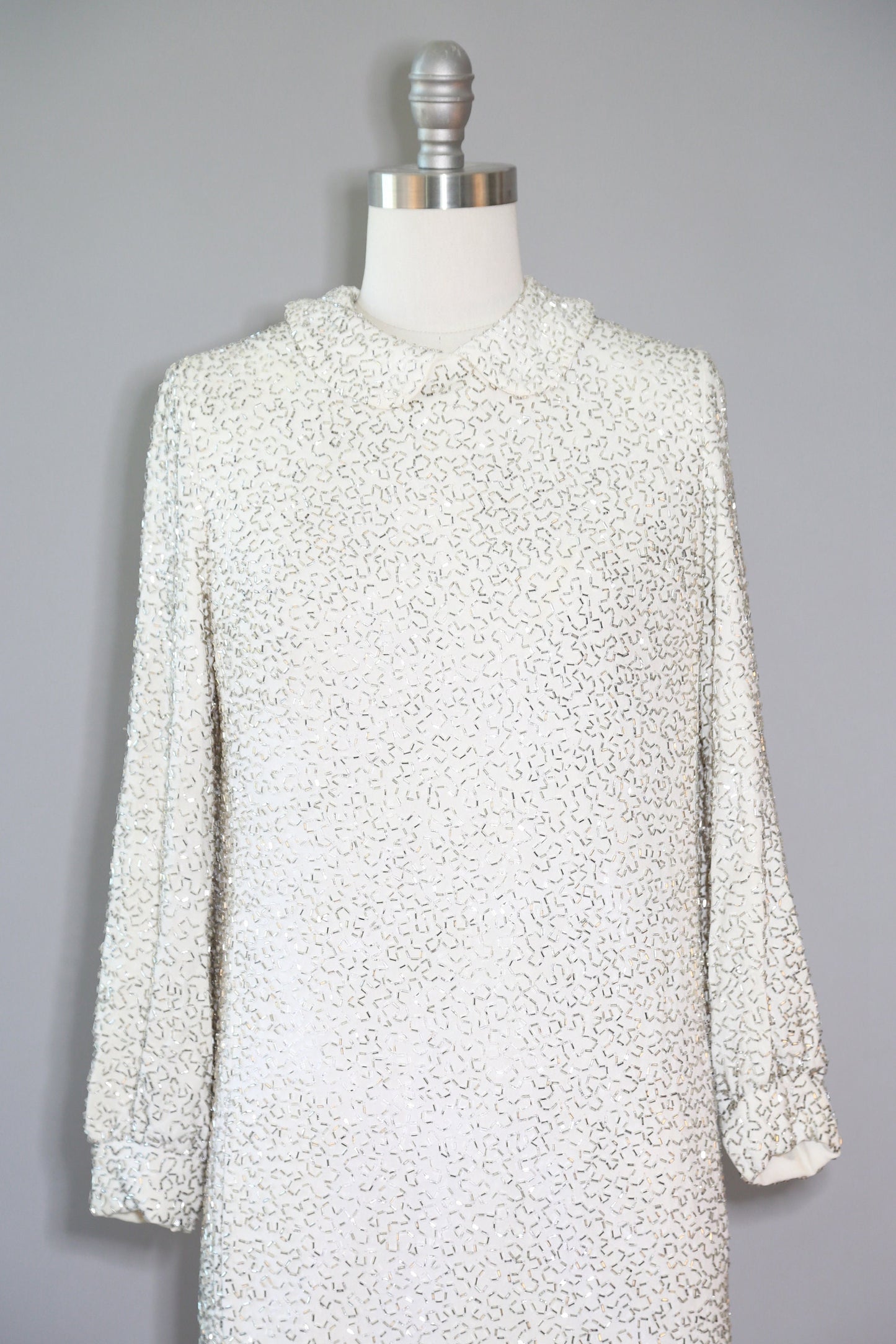 60s Couture beaded dress | Vintage 1960s Glam Heavily silver Beaded white Mod Couture Dress