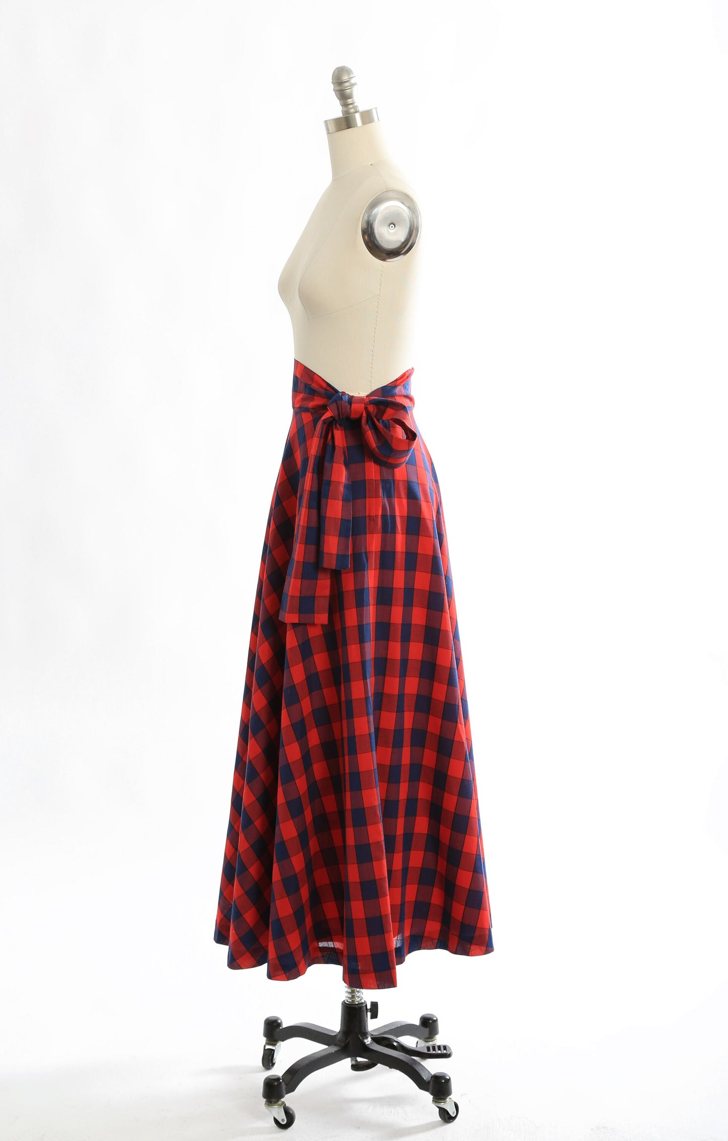 60s Anne Klein maxi skirt | Vintage 1960s red + blue plaid bow skirt