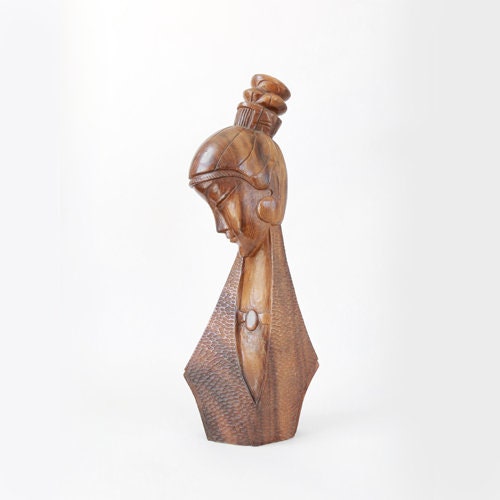 Vintage Mid Century Modern hand carved Monkey Pod Female bust figure | Tiki Bust wood Sculpture