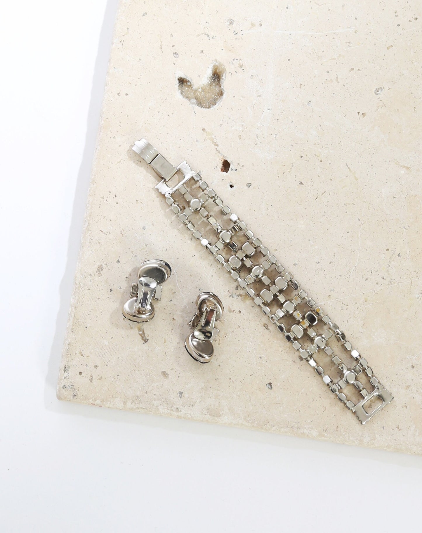 Vintage 50s blue glass rhinestone bracelet + earrings
