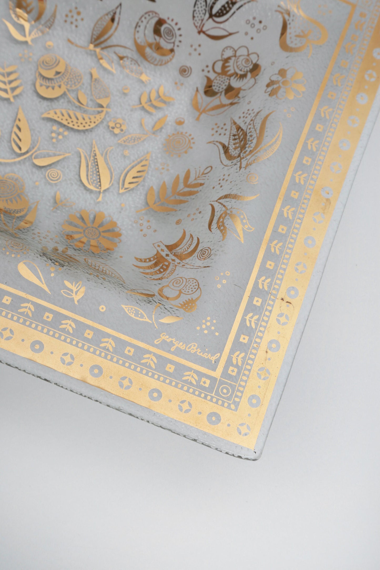 Vintage Georges Briard Mid Century Modern 22kt gold floral glass serving tray