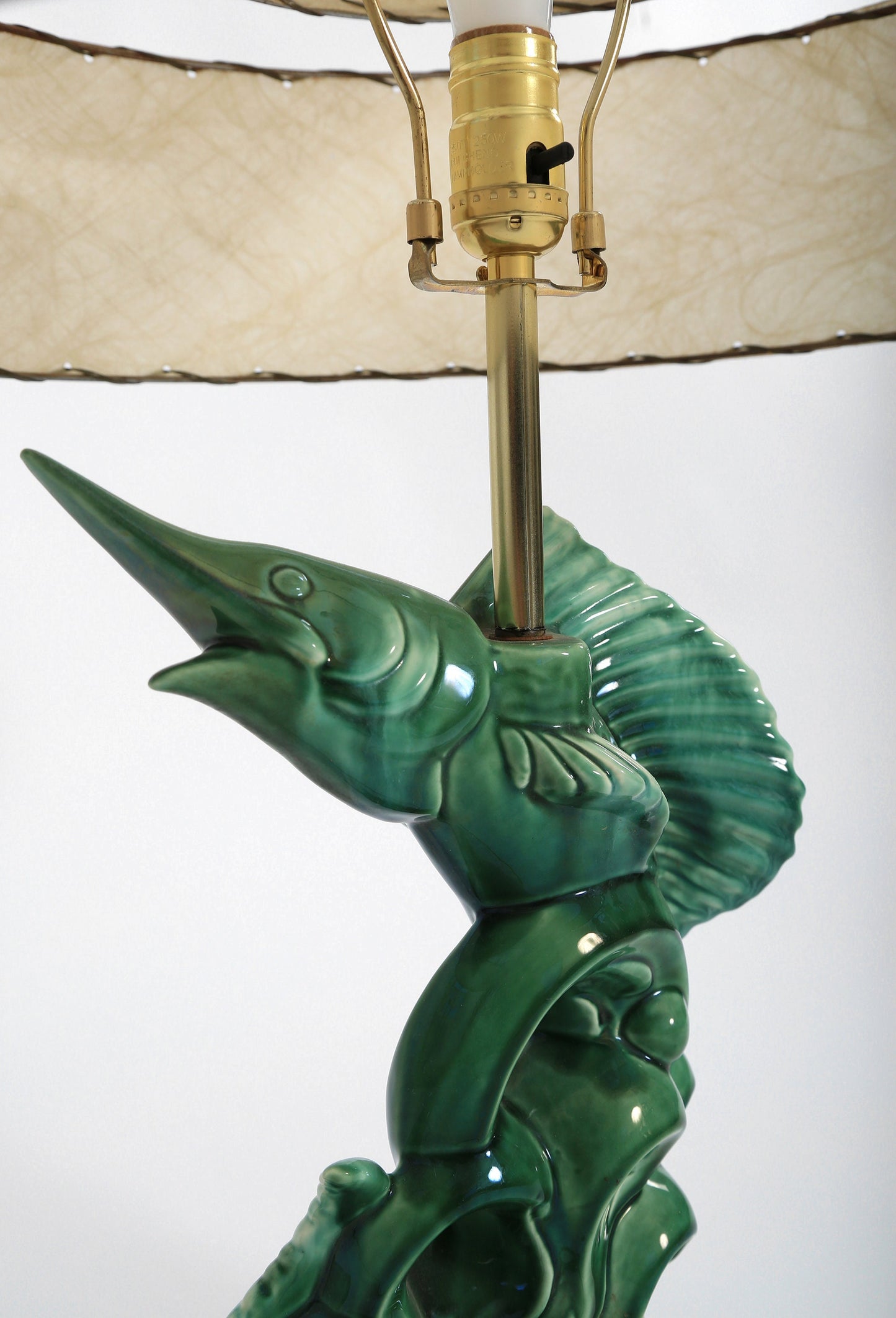 Vintage 1950s Mid Century Modern ceramic Marlin fish lamp + Fiberglass shade