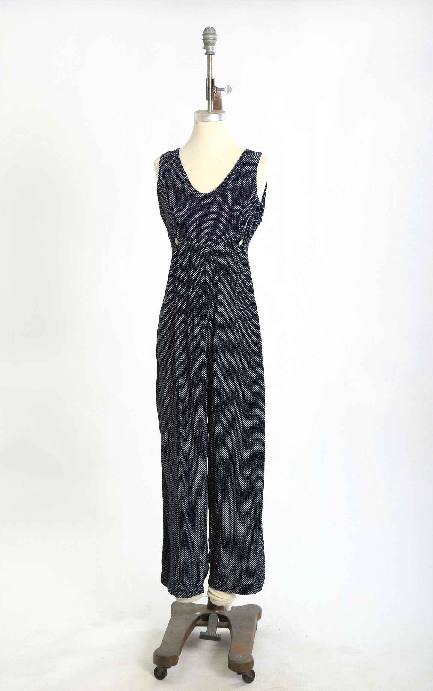 90s Navy blue polka dot rayon jumpsuit
