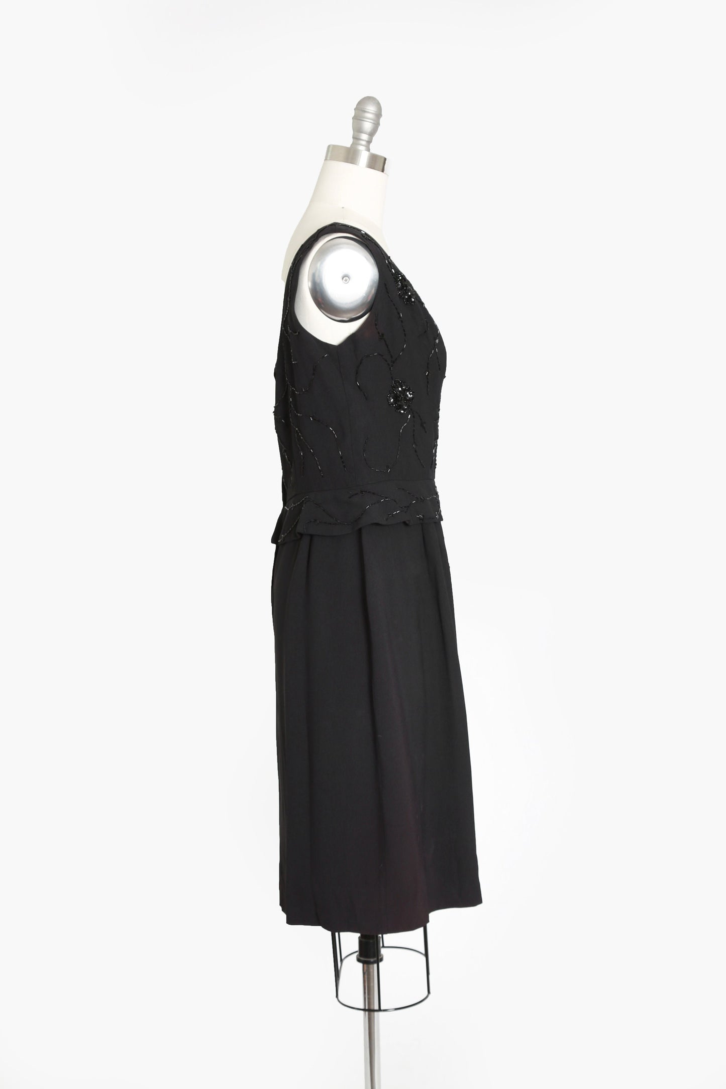 I. MAGNIN beaded dress | Vintage 60s black wool hand beaded sequin floral dress | 1960s cocktail dress