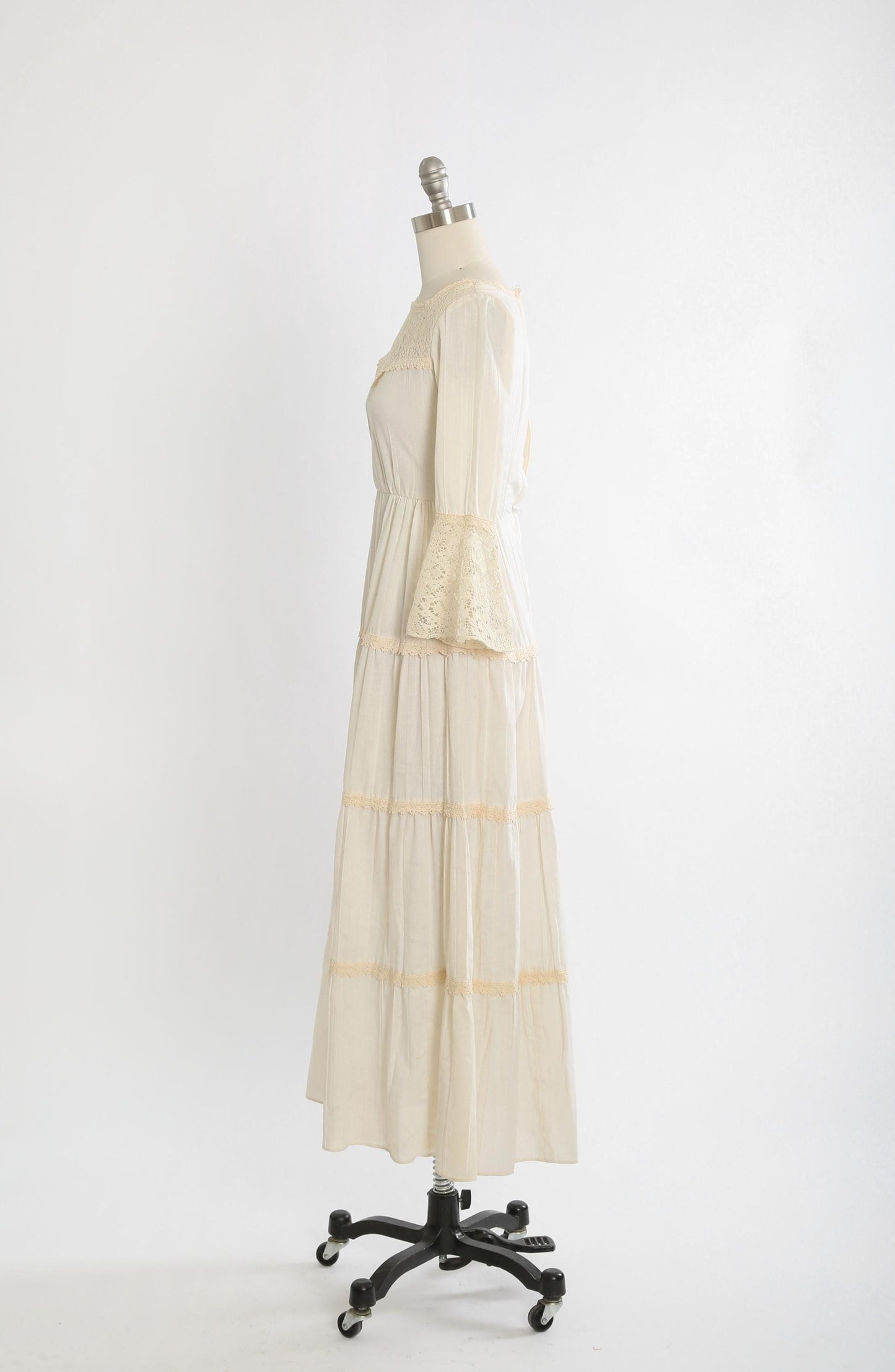 Peasant cotton gauze dress | Vintage 70s bell sleeve cotton gauze maxi dress | 1970s boho crochet cotton gauze dress