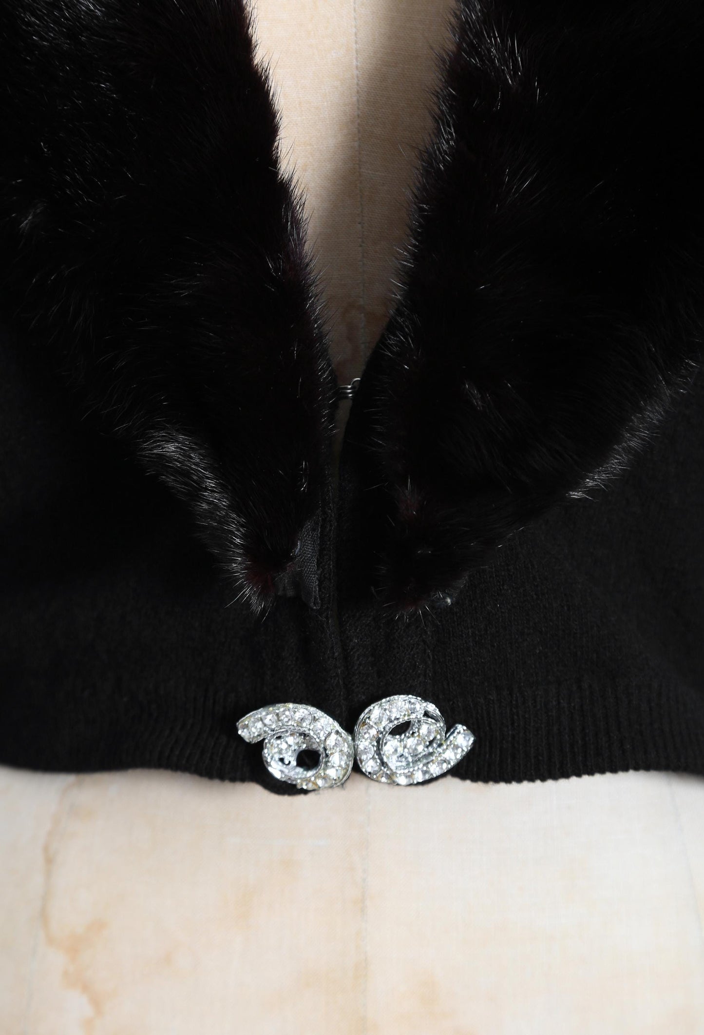 Vintage 50s black Cashmere Mink fur Collar knit cardigan sweater