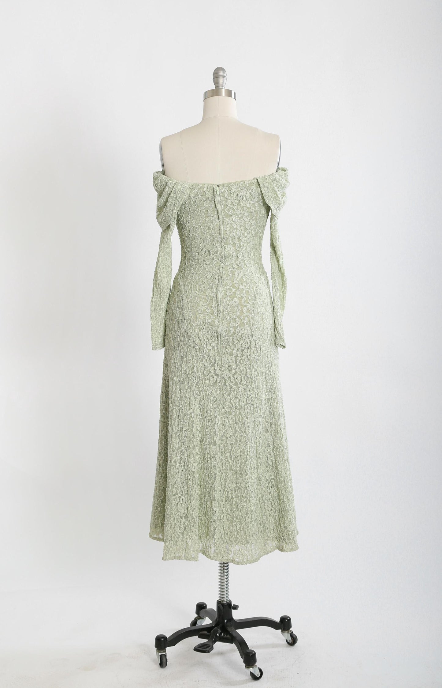 Vintage 90s Mint green floral lace off the shoulder bodycon maxi dress