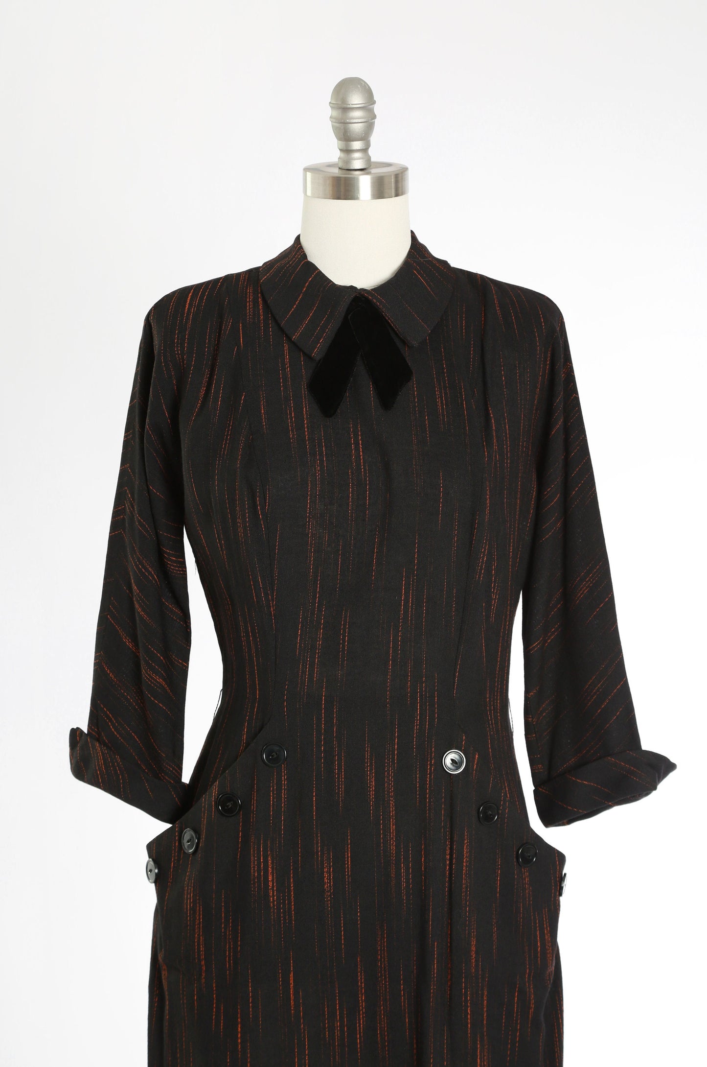 Vintage 40s 50s black & orange embroidered ascot bow dress