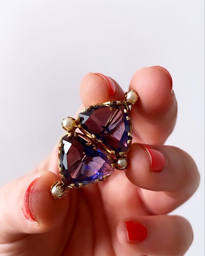 Amethyst gold brooch | Antique vintage Edwardian large Amethyst 9k gold seed pearl brooch