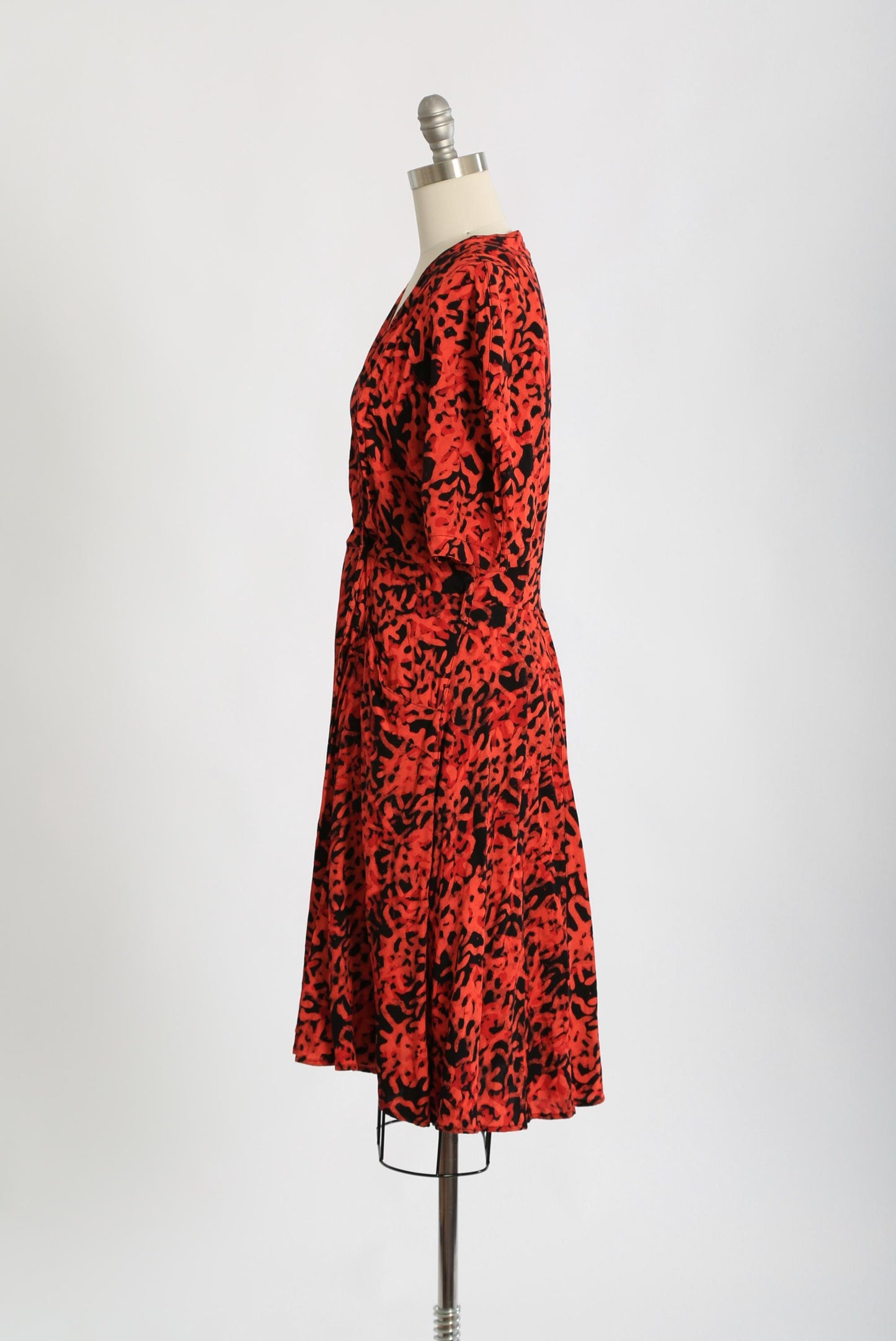 80s Coral hand stamped batik tropical wrap dress