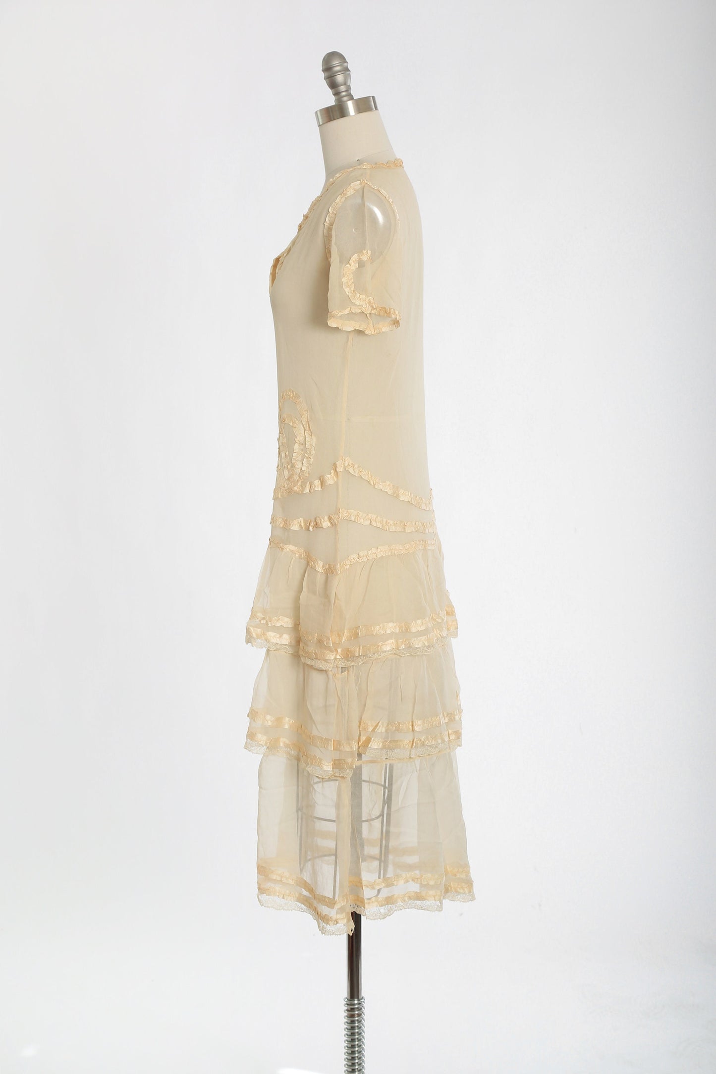 Antique Vintage 1920s ivory silk ribbon tiered drop waist dress
