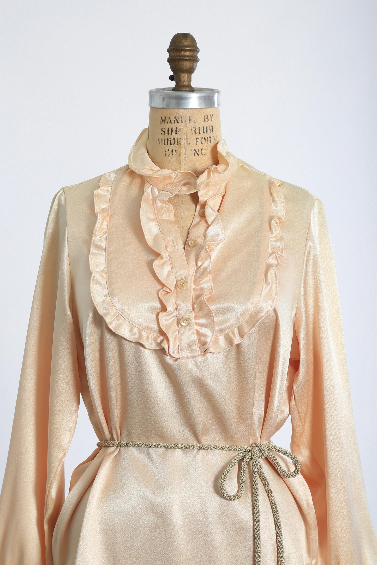 70s Fritzi belted Tuxedo blouse | Vintage 1970s Peach satin ruffle tuxedo top