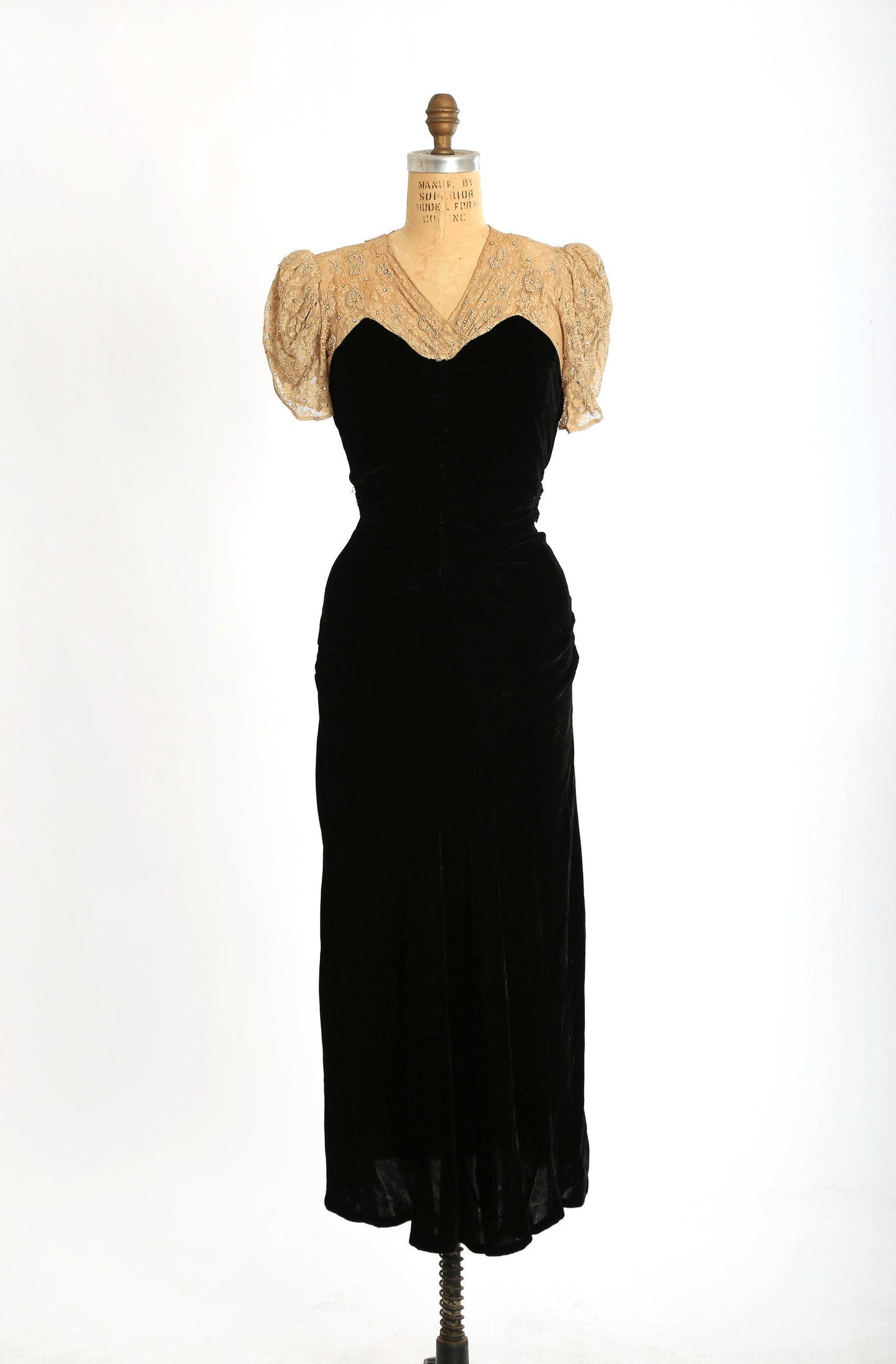 Antique Vintage 1930s black velvet floral rhinestone lace dress