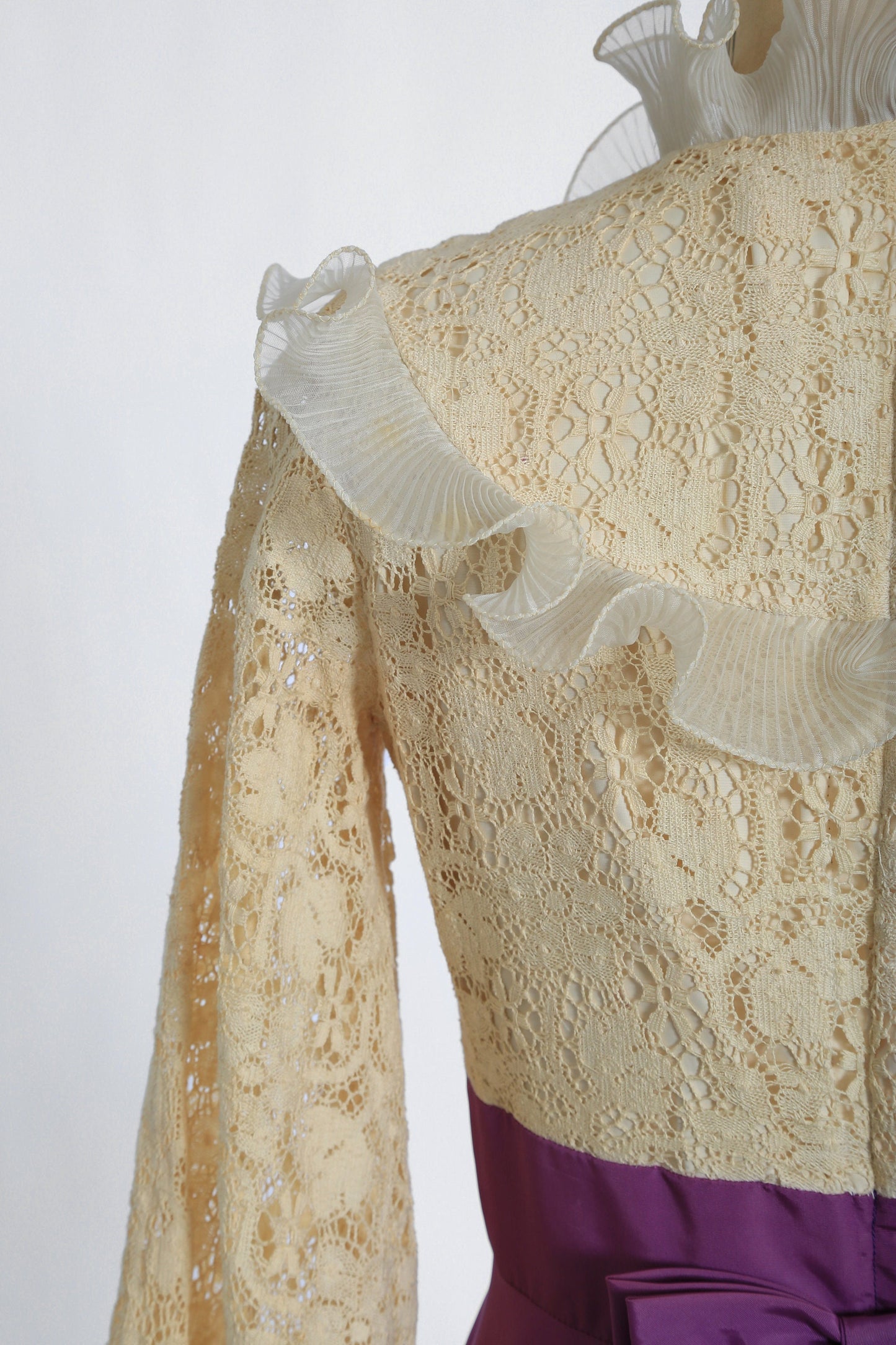 Vintage 70s ivory crochet lace purple ruffle Maxi dress