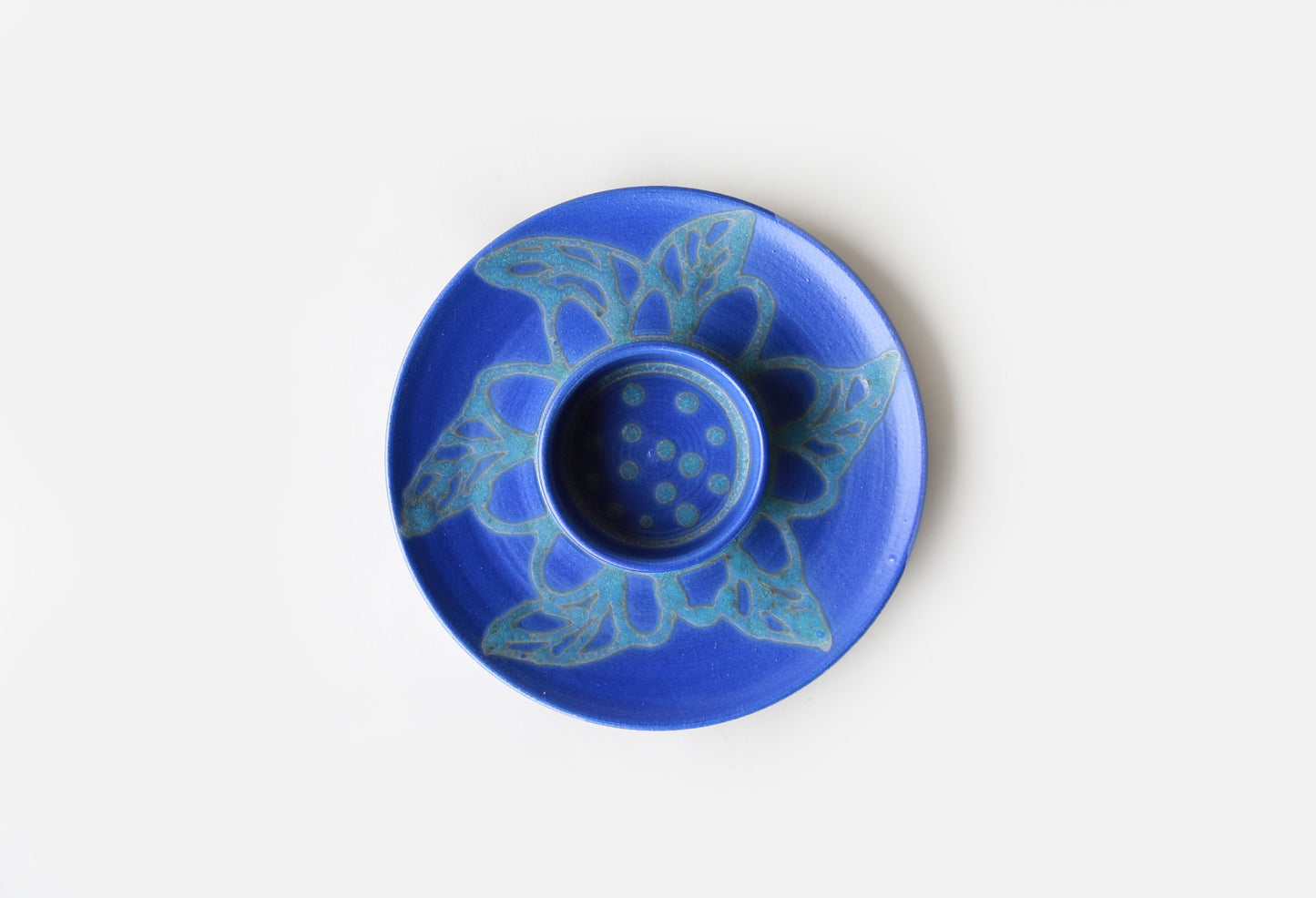 Studio Art stoneware chip dip dish | Vintage stoneware abstract blue serving plate