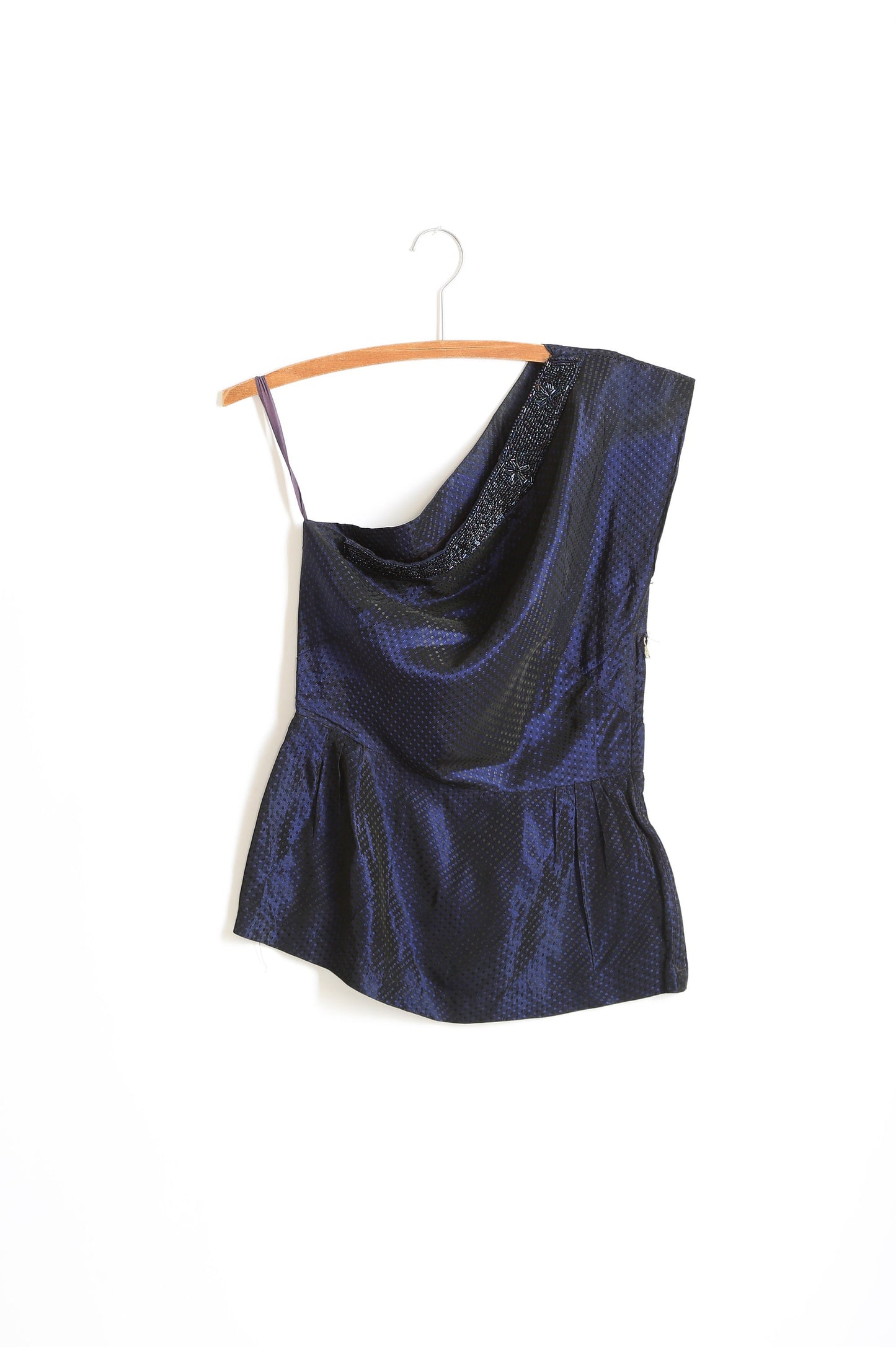 Vintage 1950s blue taffeta beaded one shoulder blouse