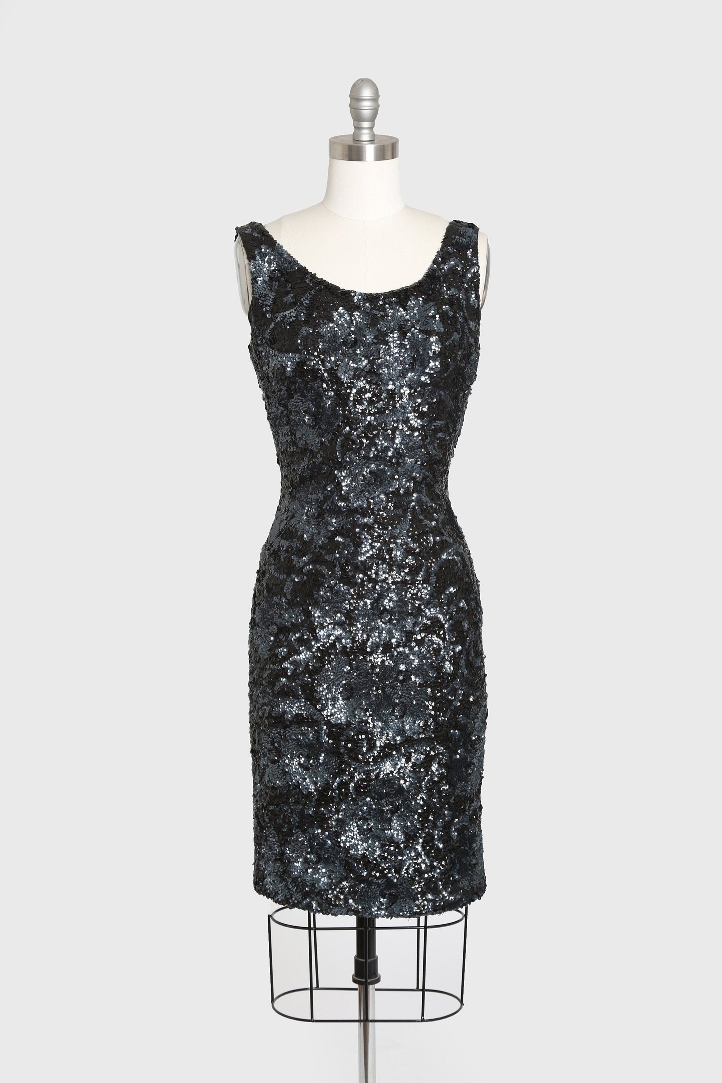 Vintage 50s black hand sequin wool wiggle dress | 1950s sequin cocktail dress