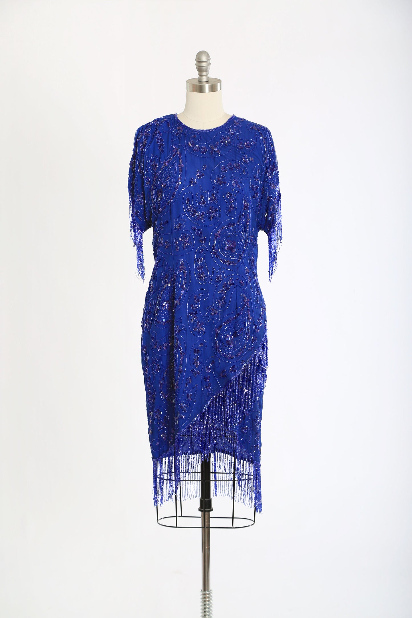 vintage 80s Blue fringe beaded sequin floral paisley silk dress