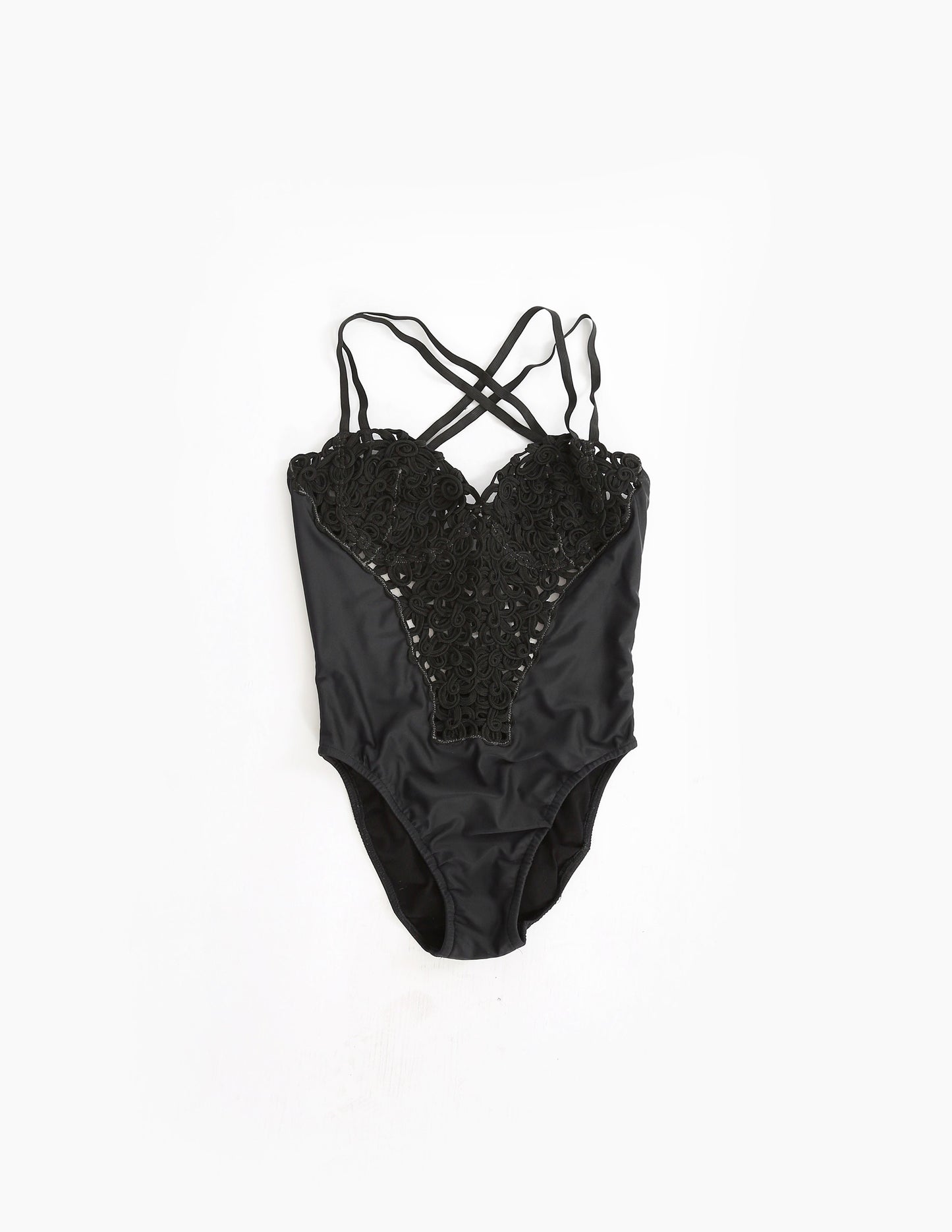 90s black embroidered rope one-piece swimsuit made in Spain