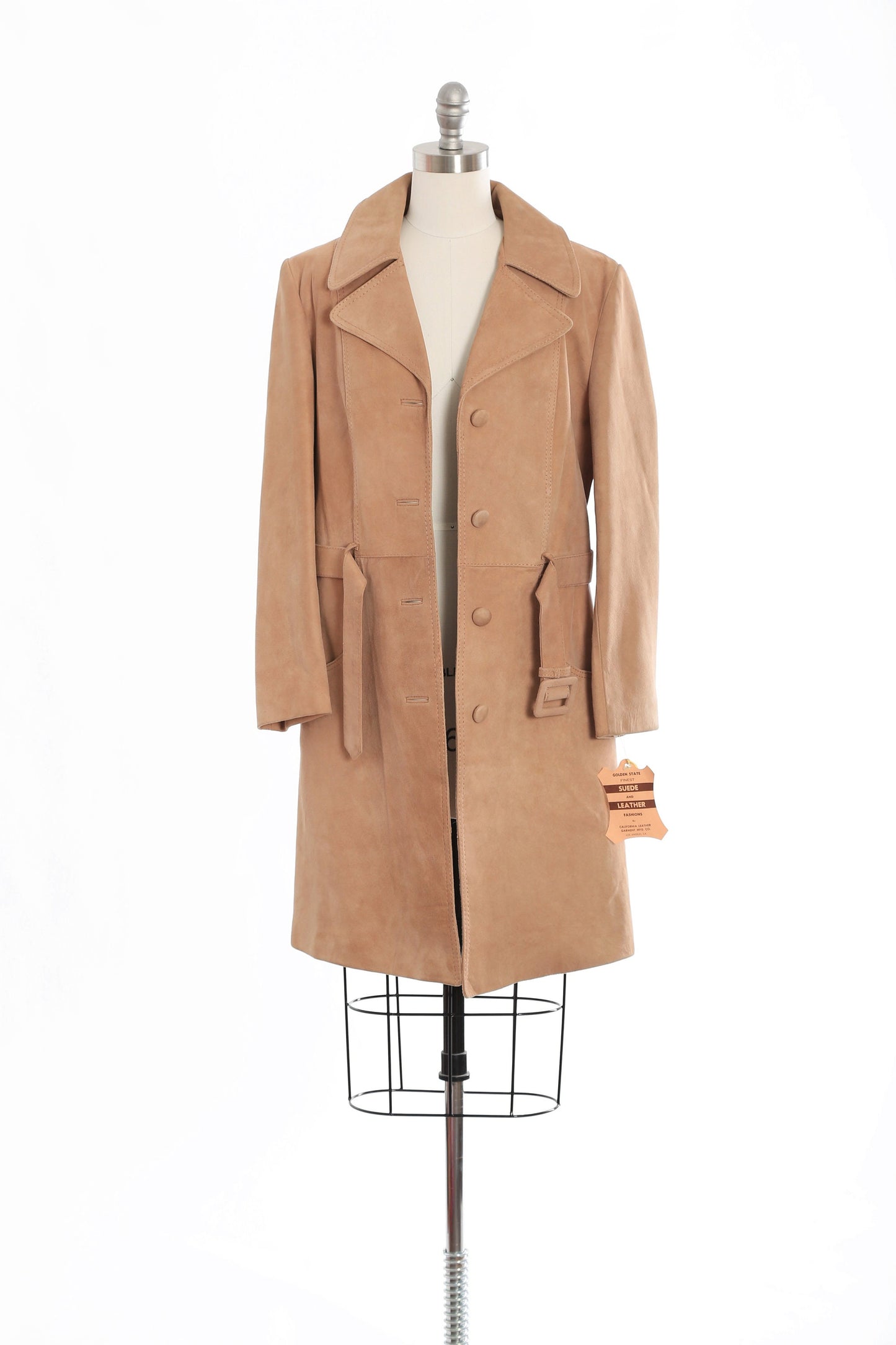 Vintage 70s suede leather trench coat | 1970s deadstock Golden State camel coat
