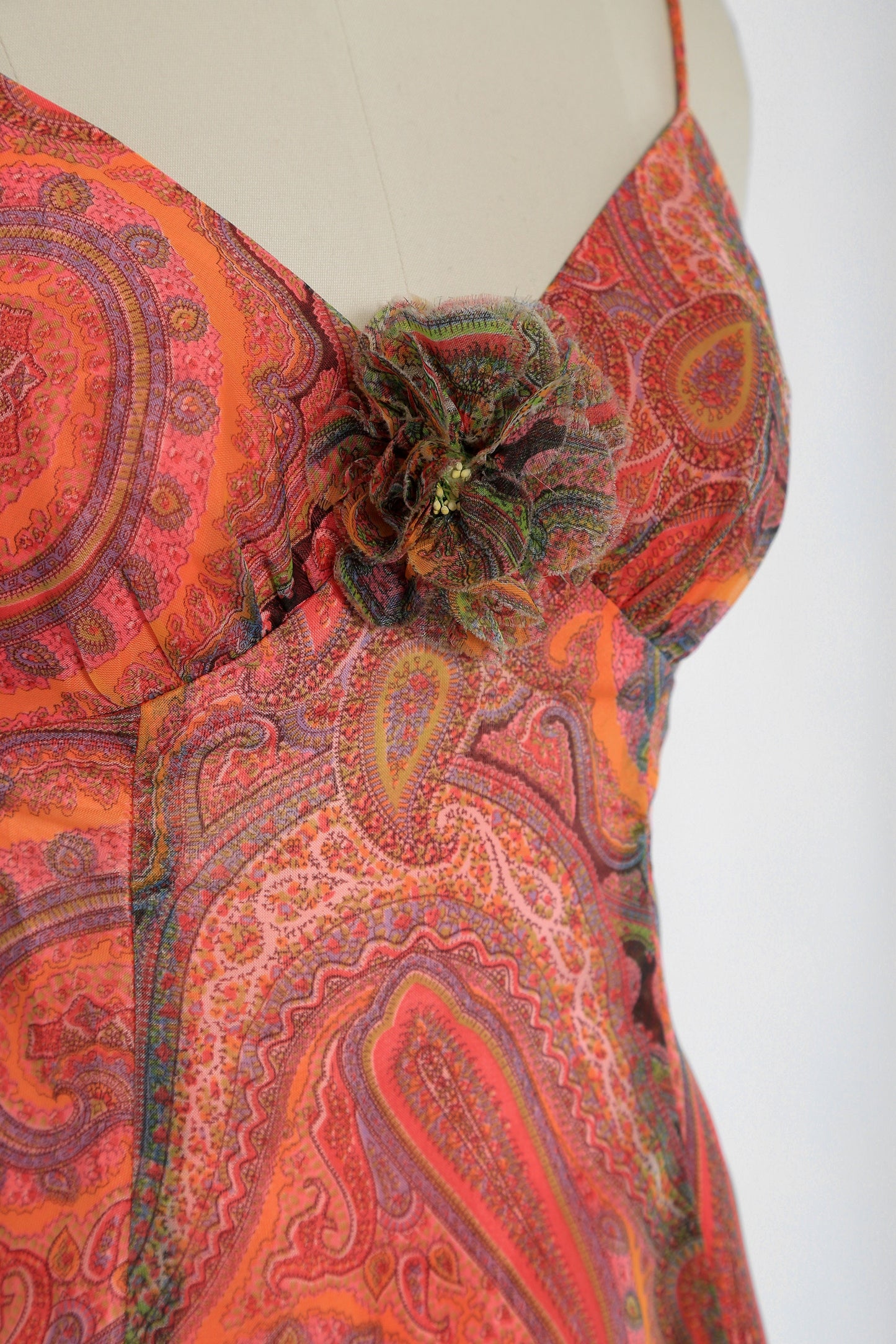 Vintage 70s psychedelic chiffon orange paisley maxi dress