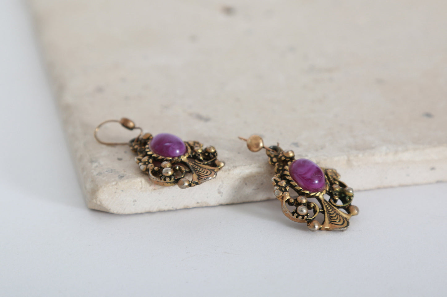 60s chandelier earrings | Vintage 1960s ornate gold tone purple drop earrings