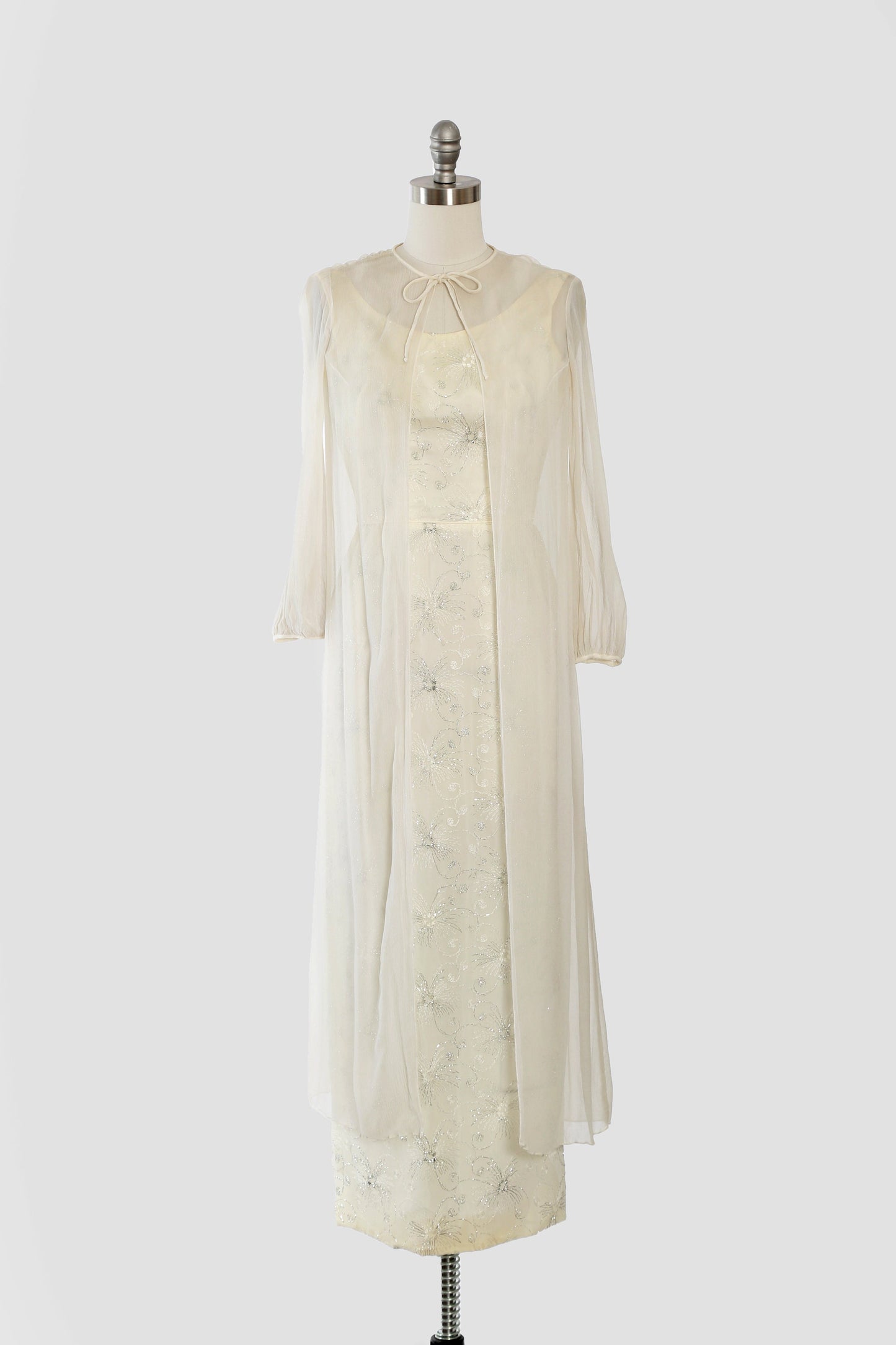 Vintage 60s silver lurex firework silk shift dress + sheer silk duster