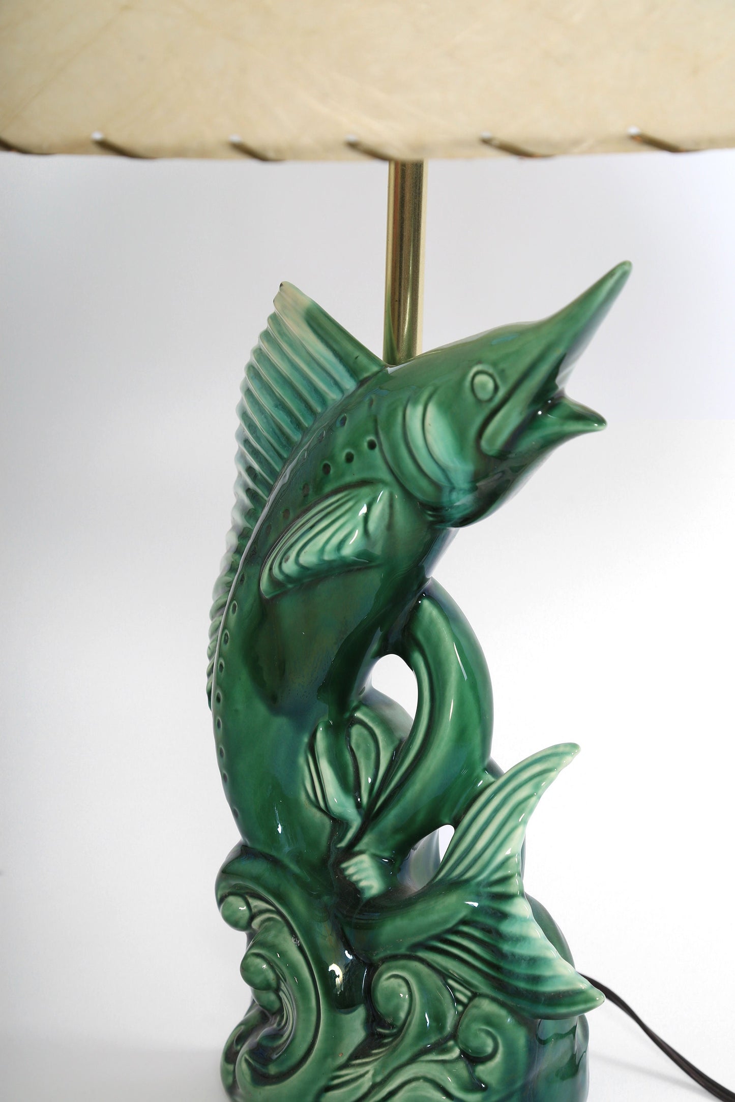 Vintage 1950s Mid Century Modern ceramic Marlin fish lamp + Fiberglass shade