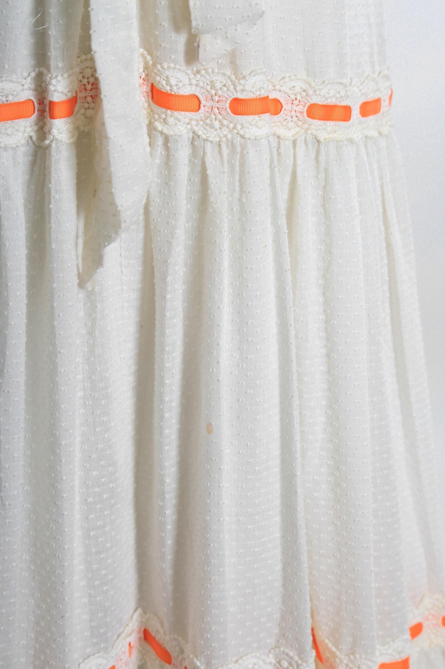 Vintage 70s white cotton Swiss got orange maxi dress