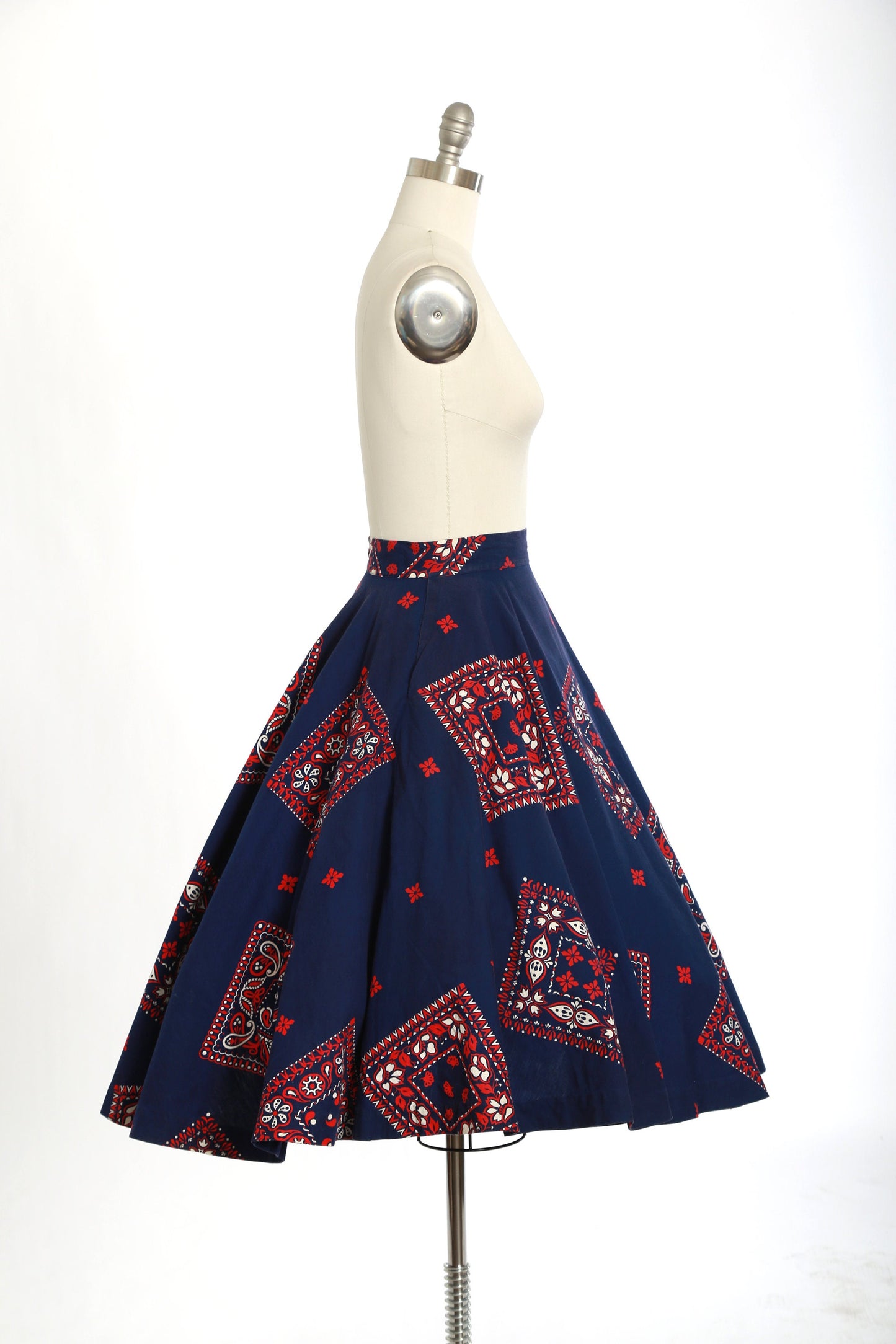 Vintage 1950s I. Magnin red, white & blue bandana print cotton circle skirt