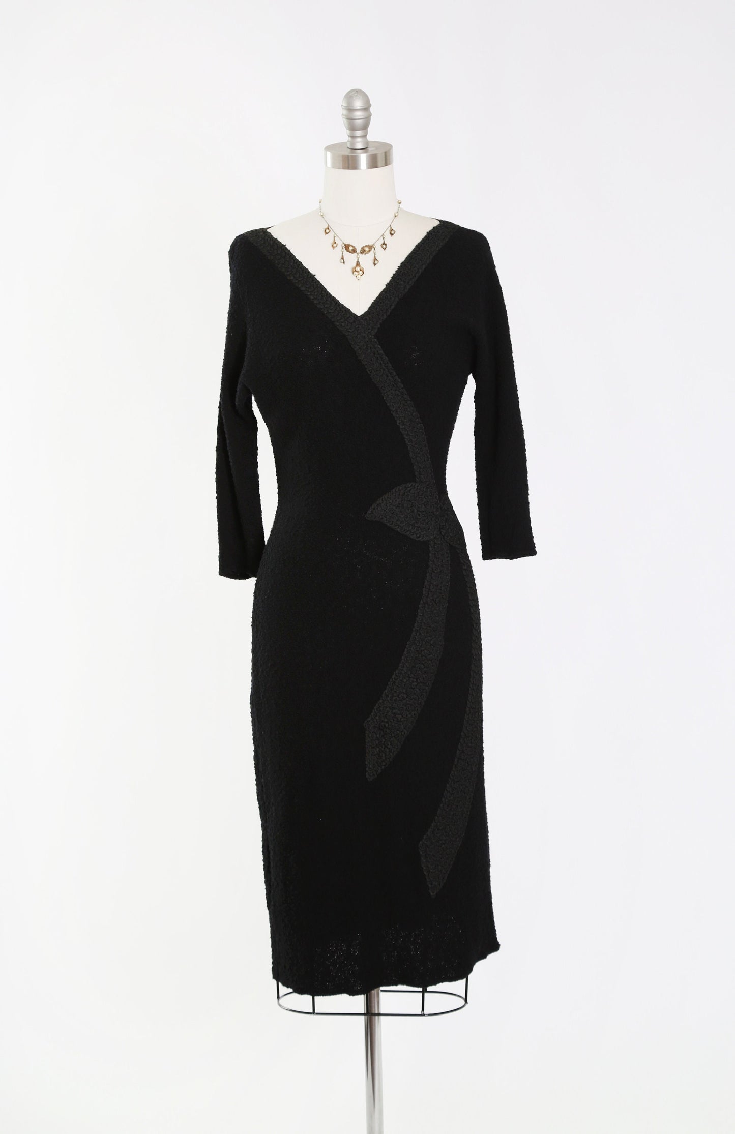 Vintage 40s black knit dress | 1940s crochet ribbon dress